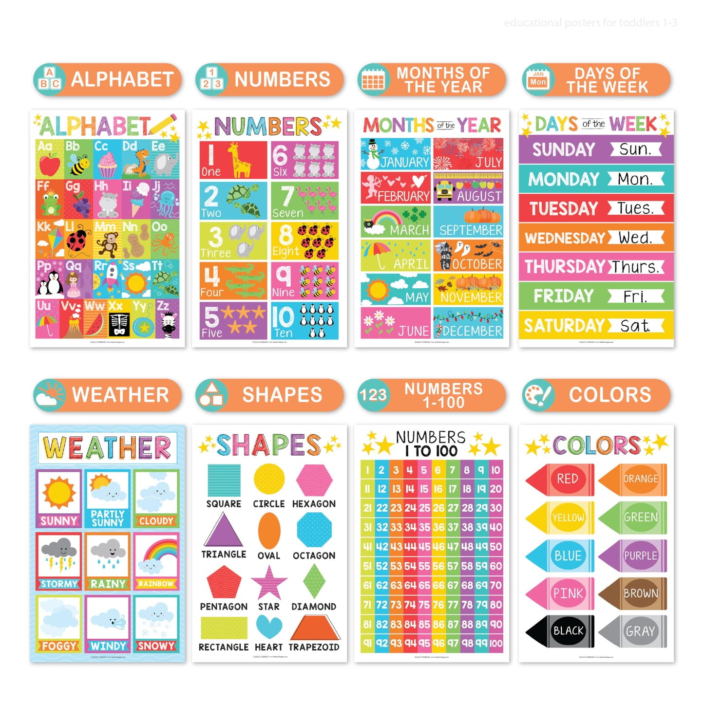 Hadley Designs 16 Educational Posters for Classroom Must Haves - Laminated Pre-K Posters for Toddler Homeschool Essentials, Toddler & Preschool Learning Activities, Kindergarten Classroom Decor