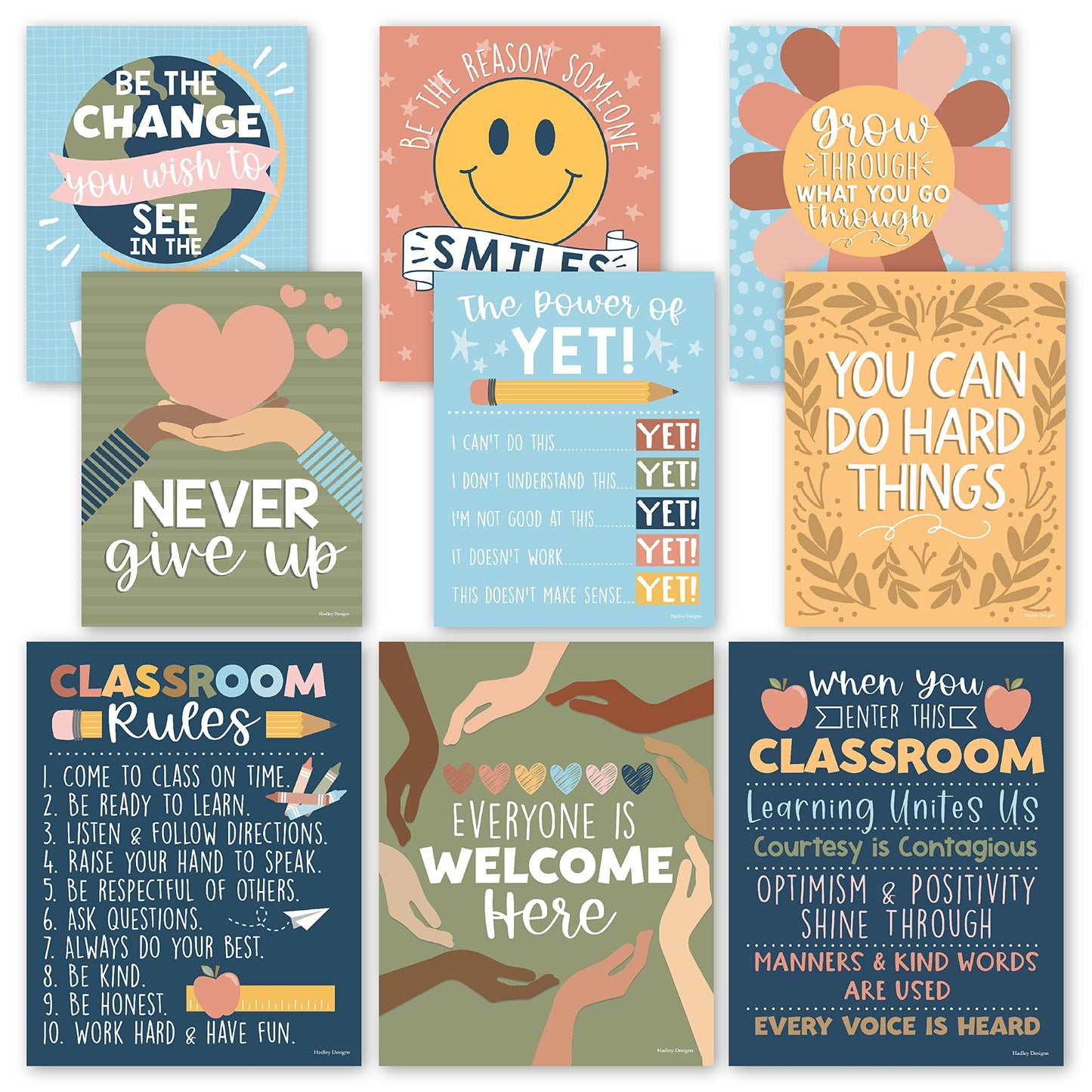 Hadley Designs Motivational Poster for Classroom Decor - 9 Growth Mindset Classroom Posters Elementary, Inspirational Wall Decor Middle School, Teacher Must Haves, Retro Bulletin Board Decorations