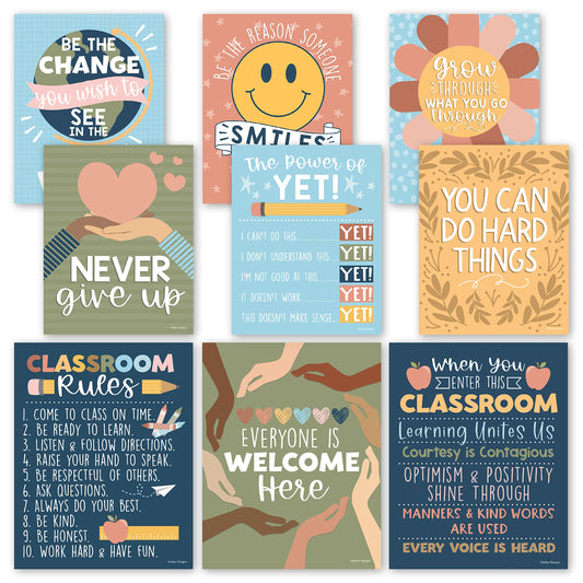 Hadley Designs Motivational Poster for Classroom Decor - 9 Growth Mindset Classroom Posters Elementary, Inspirational Wall Decor Middle School, Teacher Must Haves, Retro Bulletin Board Decorations