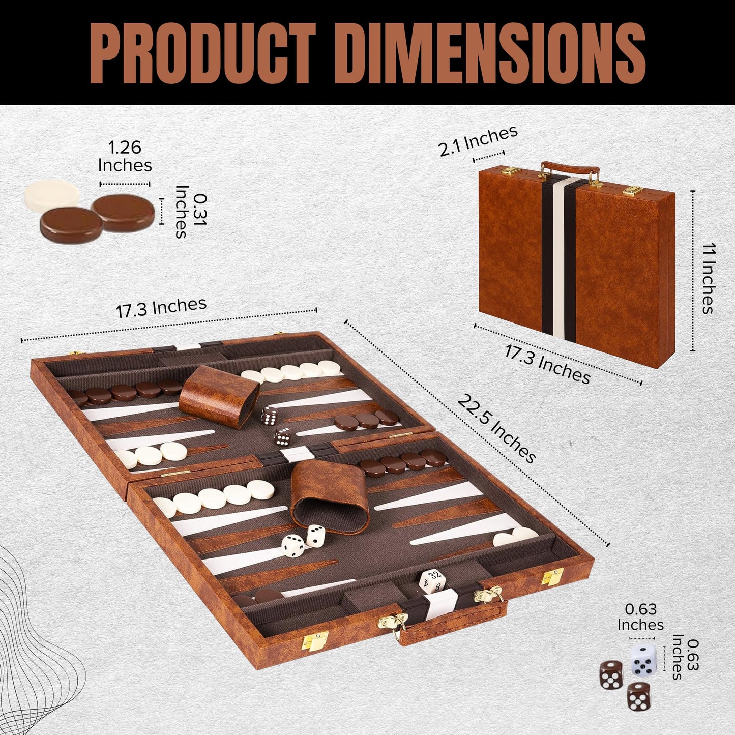 Premium Backgammon 18 Inches Large Brown - Backgammon Sets for Adults and Kids - Leatherette Back Gammon Board Game Set - Travel Backgammon Set Board Encased with Accessories