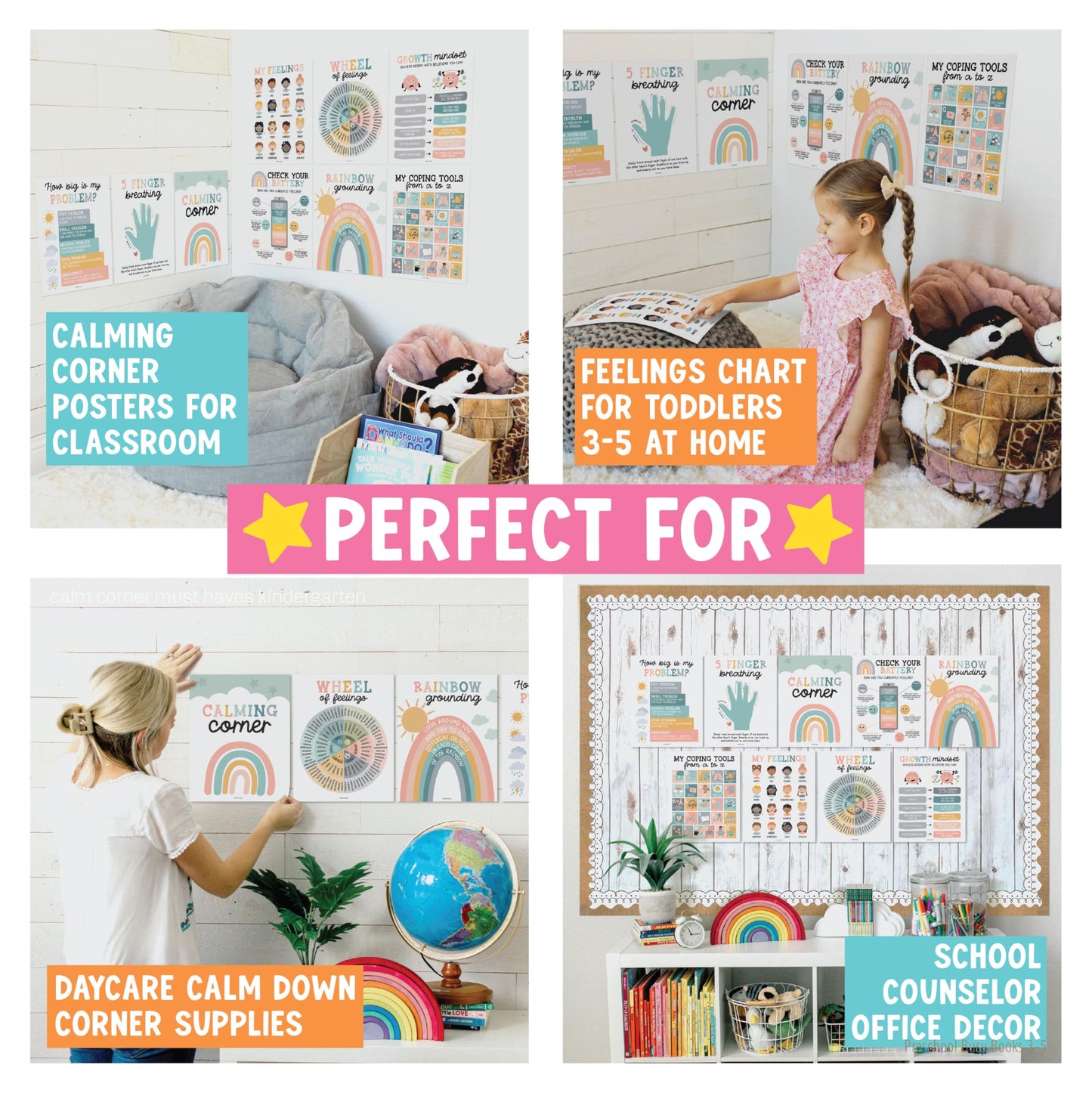 Hadley Designs 9 Calming Corner Posters for Classroom Must Haves - Calm Down Corner Supplies with Emotions Chart, School Counselor Mental Health Poster, Feelings Chart For Kids, Boho Classroom Decor