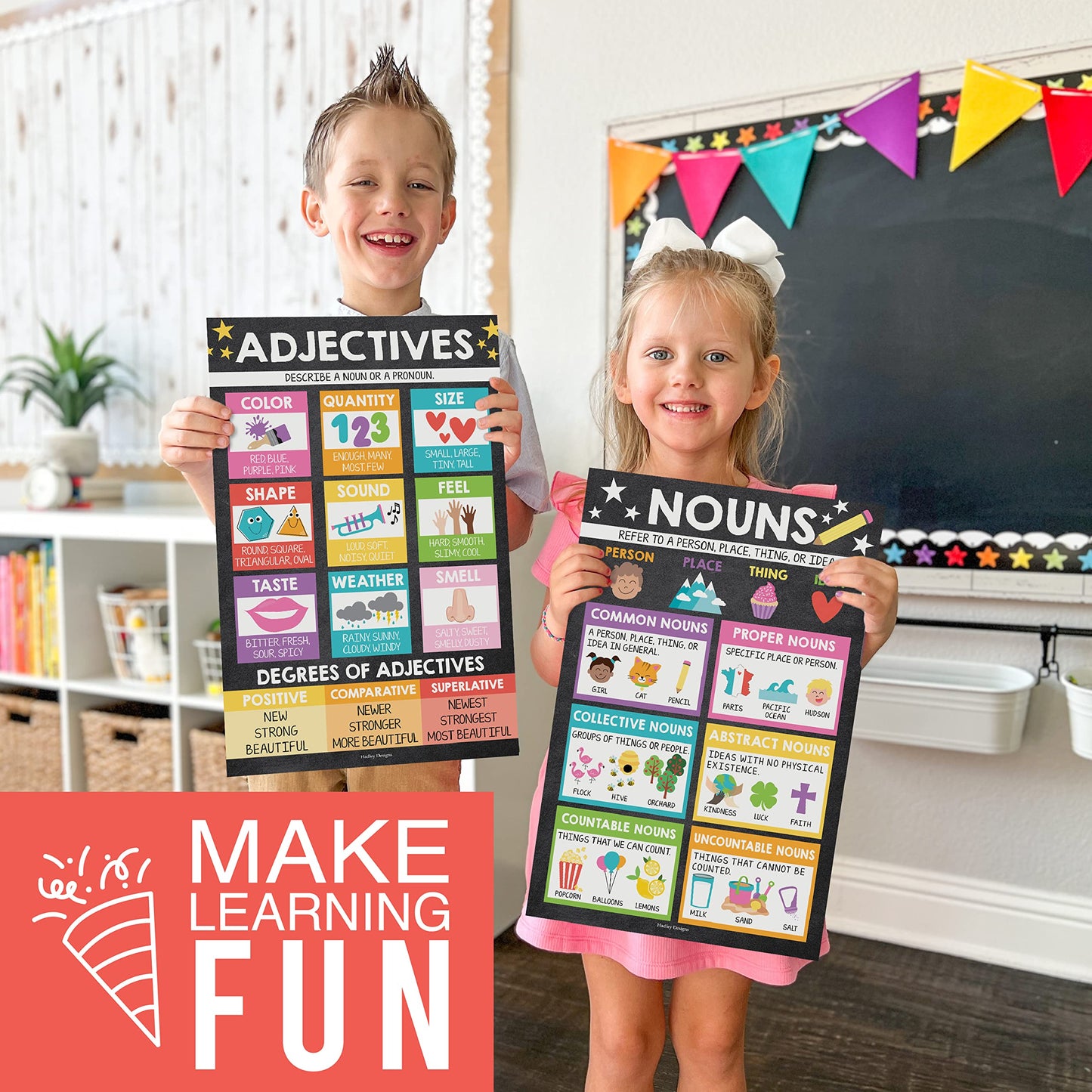 Parts of Speech Posters for Classroom Must Haves -12 Grammar Posters, Writing Process for Homeschool, Elementary & Middle School, ELA 3rd 4th & 5th Grade Teacher Must Haves, Chalkboard Classroom Decor