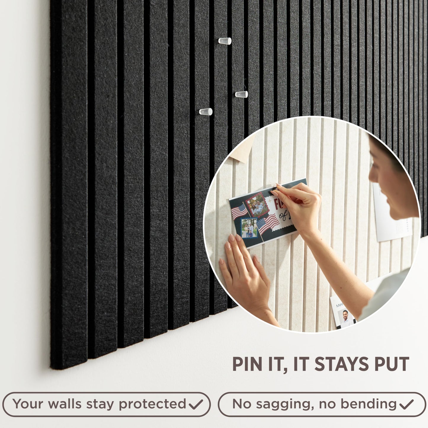 VIVELDA Felt Bulletin Board Tiles 48"x36" - 12-Pack Cork Board Alternative, Oeko-TEX Certified, NRC 0.95 Acoustic Wall Panels, Damage-Free Adhesive, Slatted Design, Home Office & Classroom (Black)