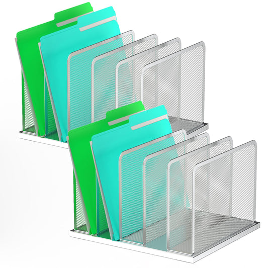 Kuntine.B Desk File Organizer Upright Mesh Desktop Organizer File Sorter Office Organization File Holder for Home, Office & Classroom (Silver, 2 Pack 5-Section)
