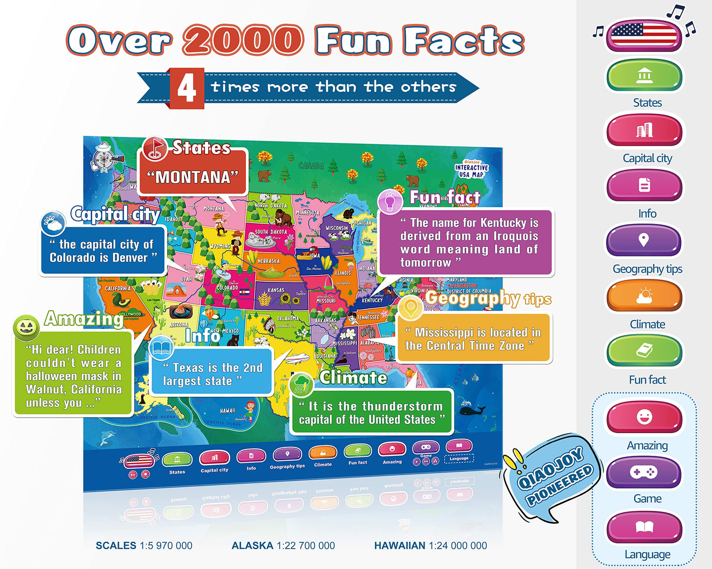 Bilingual Interactive for Kids Talking USA Map Dinosaur Poster for Kids Learning and Educational Toys,Talking Educational Dinosaur Toy for Ages 3 to 12 Years Old,Learning Chart for Preschool/Gift