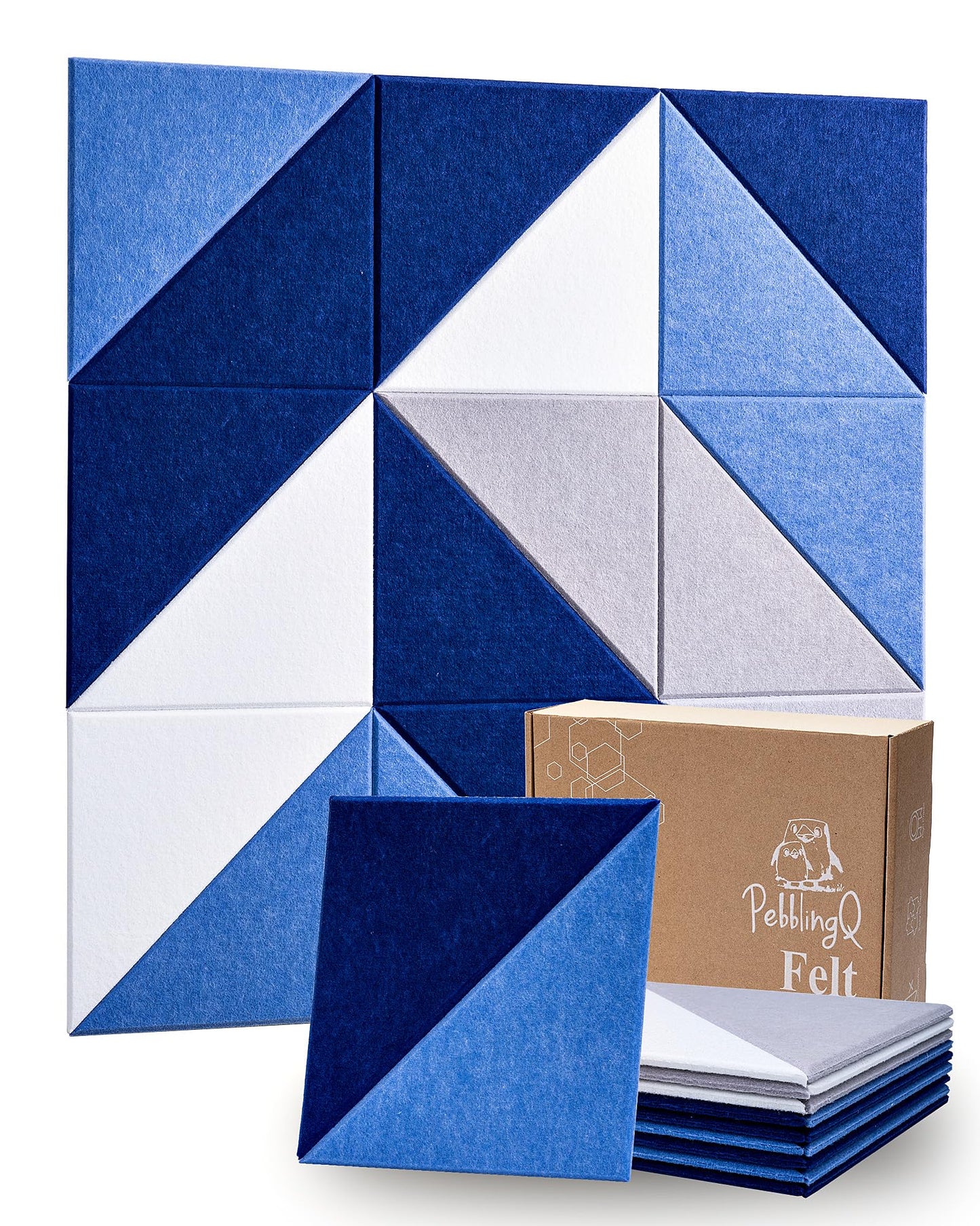 PebblingQ Felt Wall Tiles Bulletin Board, Marine Blue White Panels, Modular Decorative Boards for Home Office, Kids Room, Nursery, DIY Geometric Art Display, 18 Pack 11.8" Triangle Tiles (Marine)