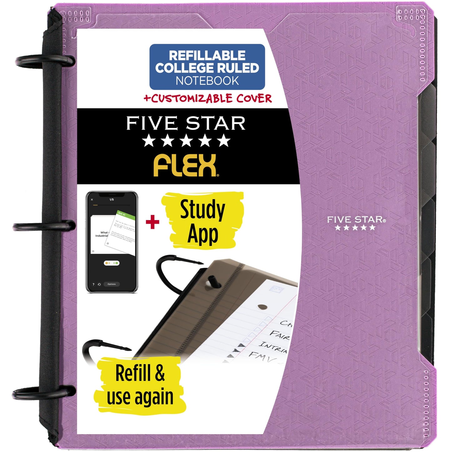 Five Star Flex Refillable Notebook + Study App, College Ruled Paper and 1 Inch TechLock Ring Binder with Customizable Cover, Pockets, Tabs and Dividers, 200 Sheet Capacity, Amethyst Purple (293260AB6)