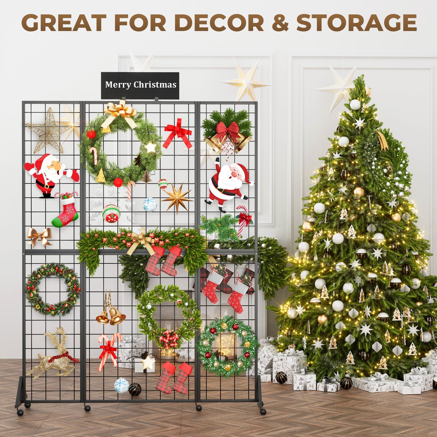 Foldable Grid Wall Panel, 6' x 4.25' Ft Gridwall Display Stand with Notice board, Heavy Duty Sturdy Floorstanding Wire Grid Display Rack, Movable Silent Wheel, Ideal for Retail & Art Craft Fairs
