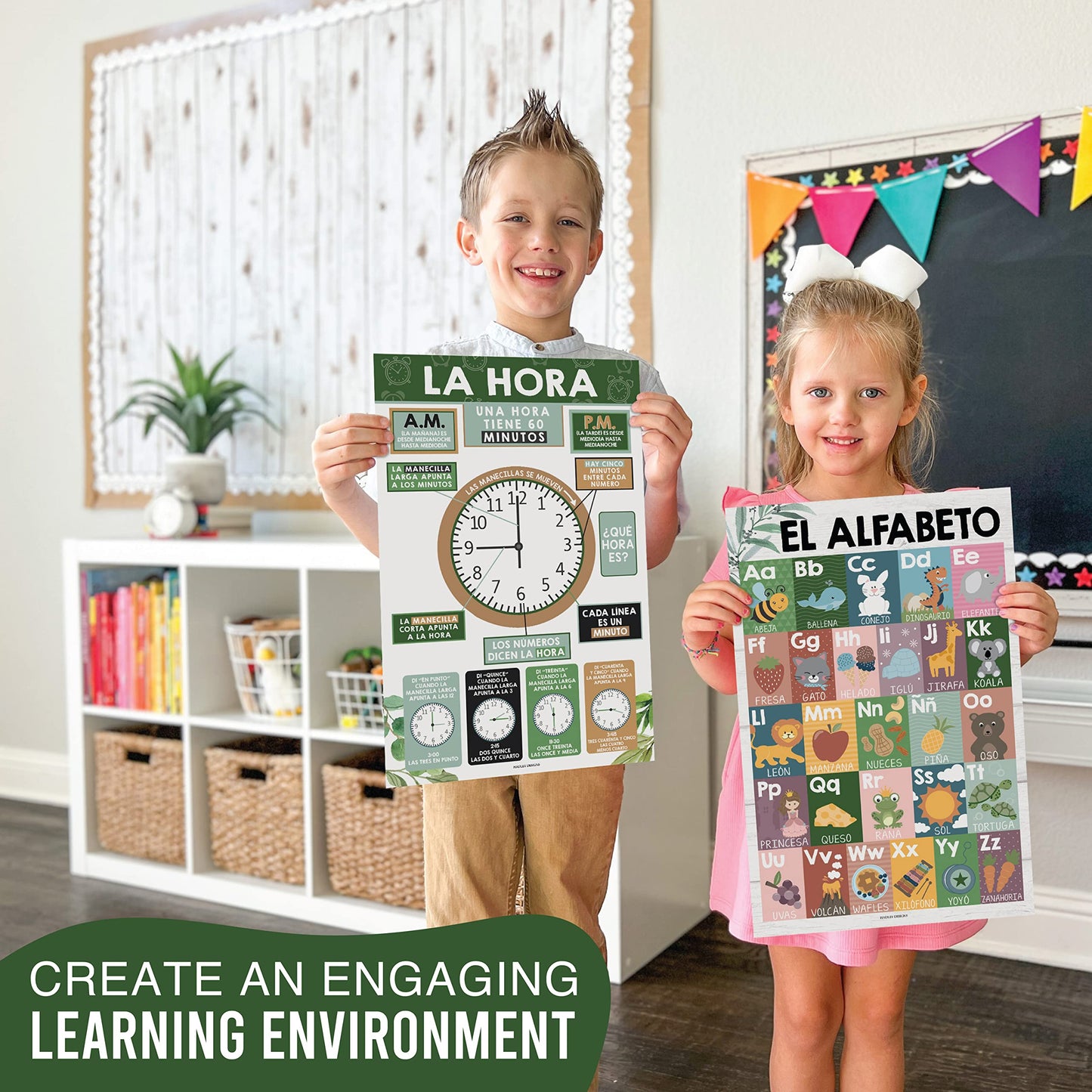 Hadley Designs Spanish Posters for Classroom - 12 Bilingual Educational Posters for Spanish Classroom Decorations Must Haves, Calendario y Alfabeto en Español Para la Pared, Farmhouse Teacher Supplies