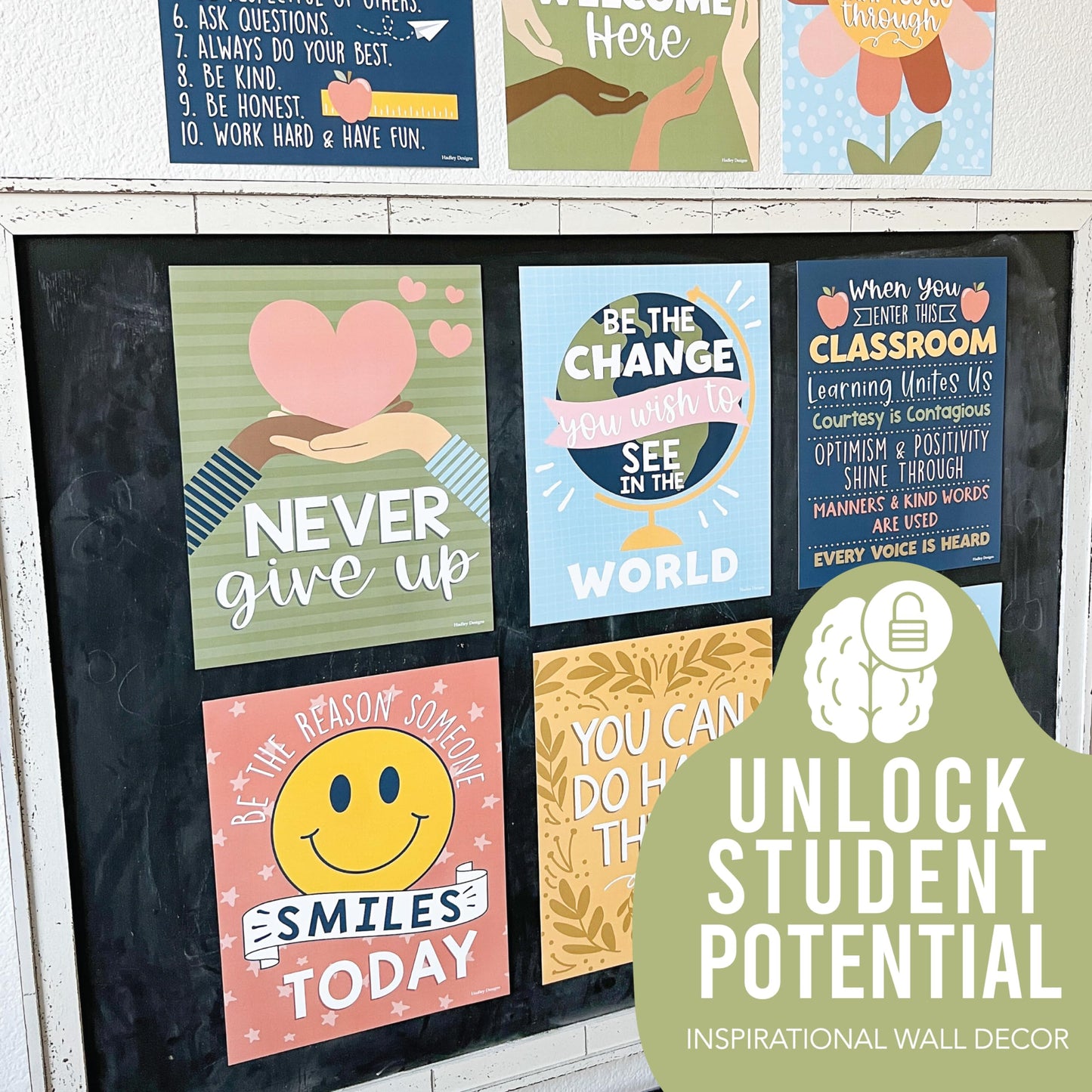 Hadley Designs Motivational Poster for Classroom Decor - 9 Growth Mindset Classroom Posters Elementary, Inspirational Wall Decor Middle School, Teacher Must Haves, Retro Bulletin Board Decorations