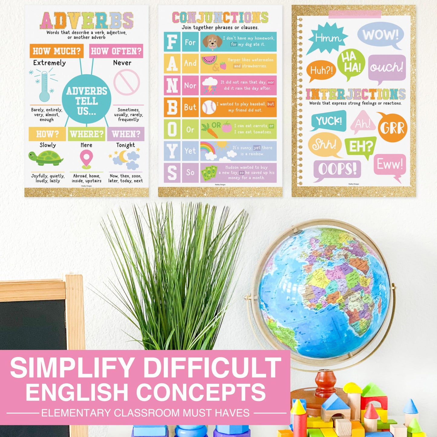 Parts of Speech Posters for Classroom Must Haves -12 Grammar Posters, Writing Process for Homeschool, Elementary & Middle School, ELA 3rd 4th & 5th Grade Teacher Must Haves, Gold Classroom Decor