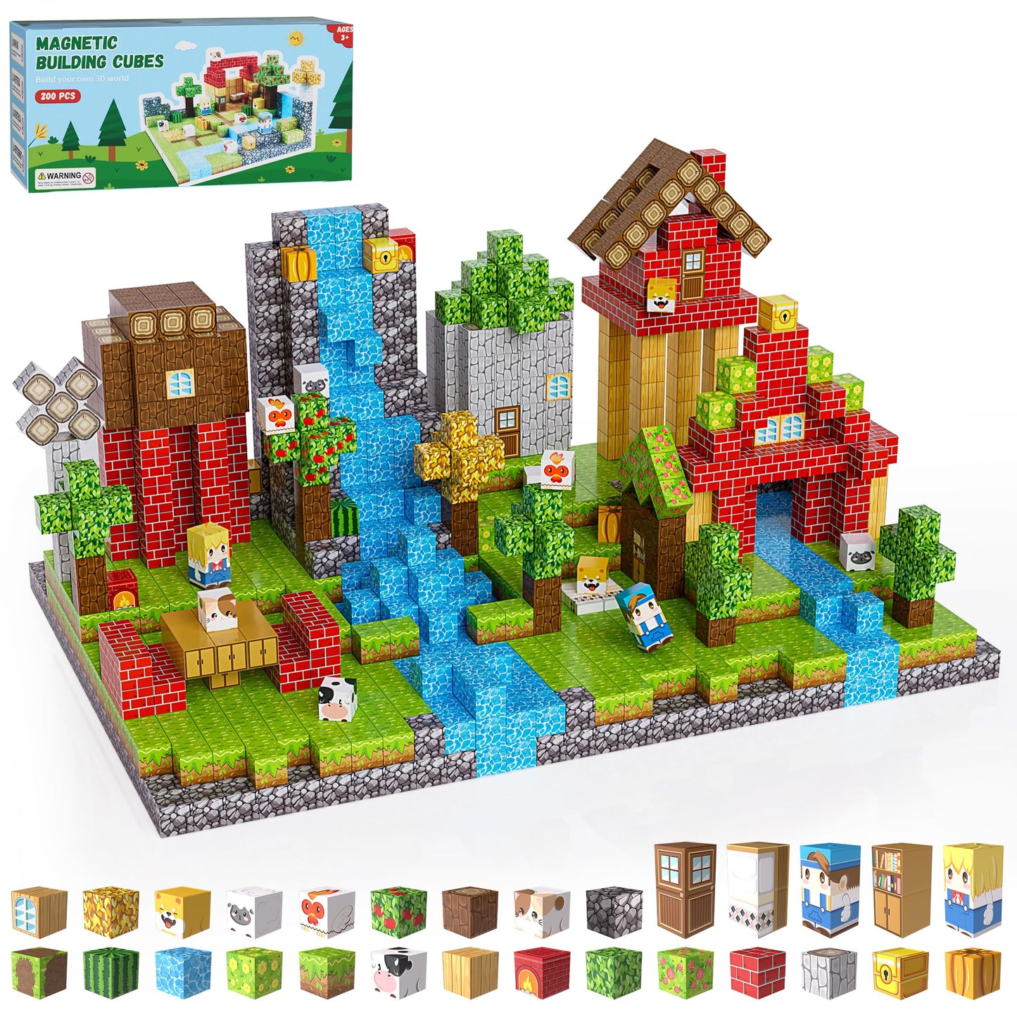 Fitrobust 200PCS Magnetic Building Blocks Set, Magnetic Tiles Kids Build Cubes STEM Game Toys, Build Forest World Set, Christmas Birthday Gifts for Boys & Girls Age 3 4 5 6 7 8 9 10, 0.78 in Size