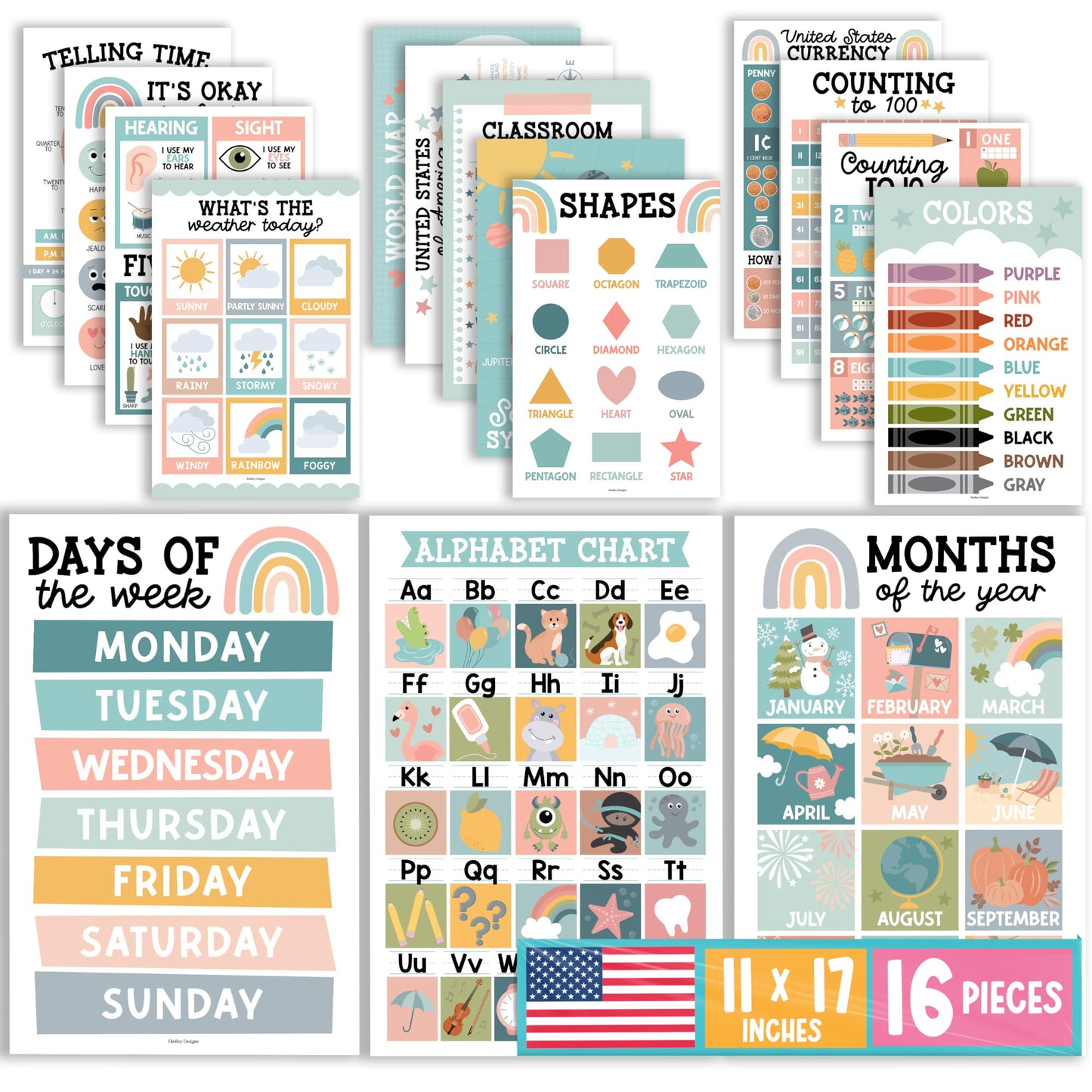 Hadley Designs 16 Educational Posters for Classroom Decor - Boho Educational Posters for Toddlers 1-3, Toddler Learning Posters for Kids Ages 3-5, Kindergarten & Preschool Classroom Must Haves