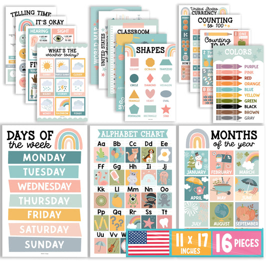 Hadley Designs 16 Educational Posters for Classroom Decor - Boho Educational Posters for Toddlers 1-3, Toddler Learning Posters for Kids Ages 3-5, Kindergarten & Preschool Classroom Must Haves