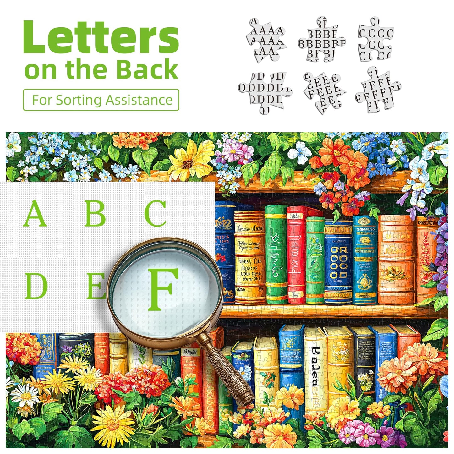 MINIWAN 500 Piece Jigsaw Puzzles for Adults & Seniors - Garden Library Floral Bookshelf Puzzle, 23"x15" Adult Puzzle with Letters on Back, Unique Shaped Pieces, Home Decor & Gift