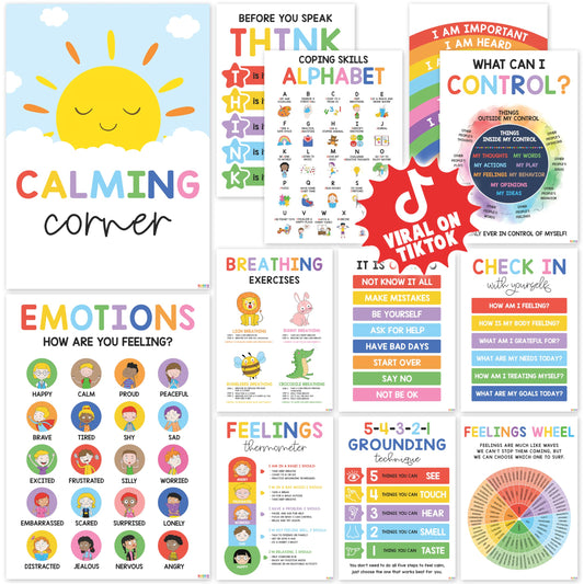 BEAWART 12 Calming Corner Classroom Posters (10x14) - Feelings Wheel Chart & Emotions Poster For Kids, Calm Down Corner Supplies For Therapy Office Decor, Mental Health Wall Decorations For Preschool