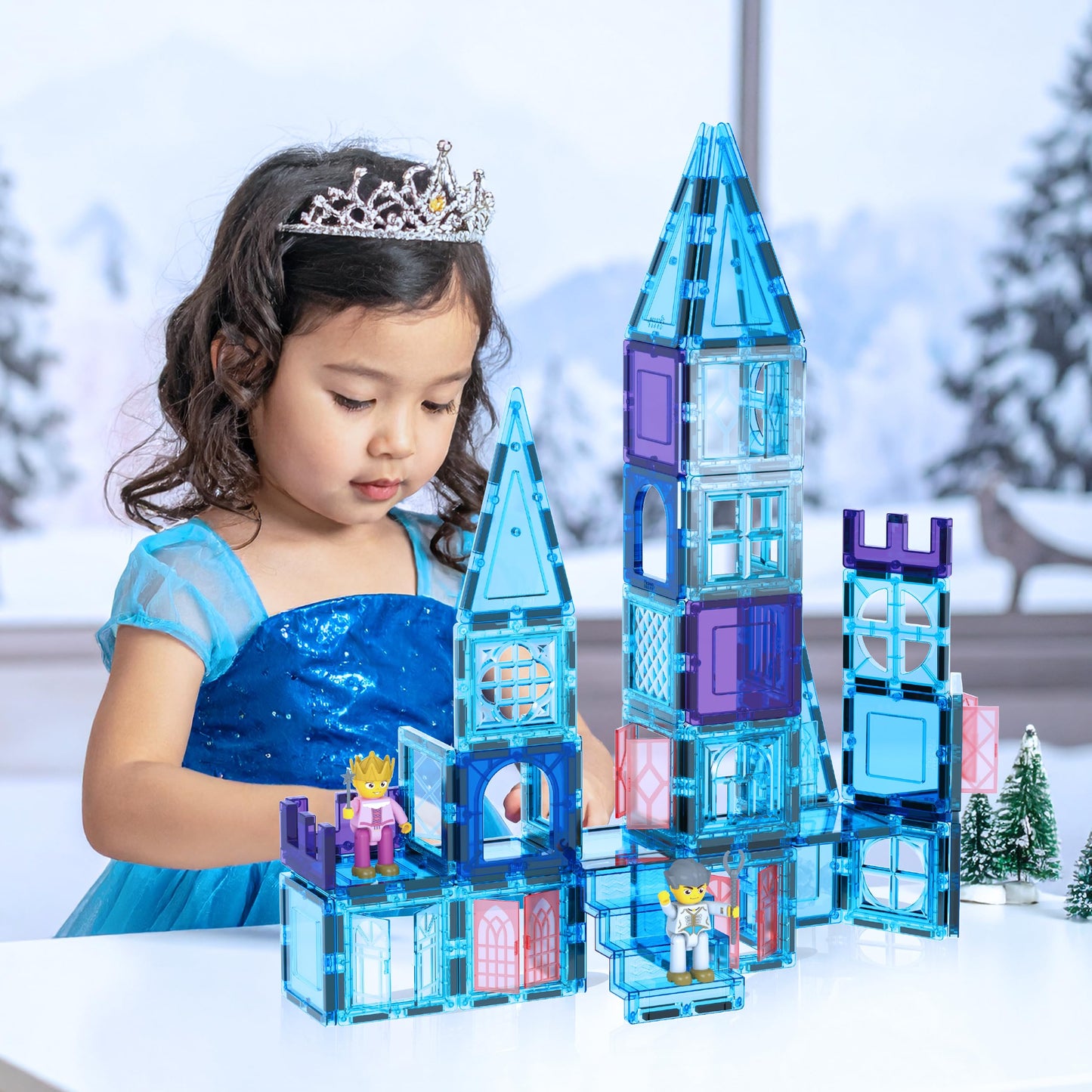 PicassoTiles 72 Piece Magnetic Building Tiles Castle Winter Ice Theme Construction Magnet Block Set with Princess Prince Character Stairs Windows Doors STEM Learning Educational Toy Kids Ages 3+ PT72
