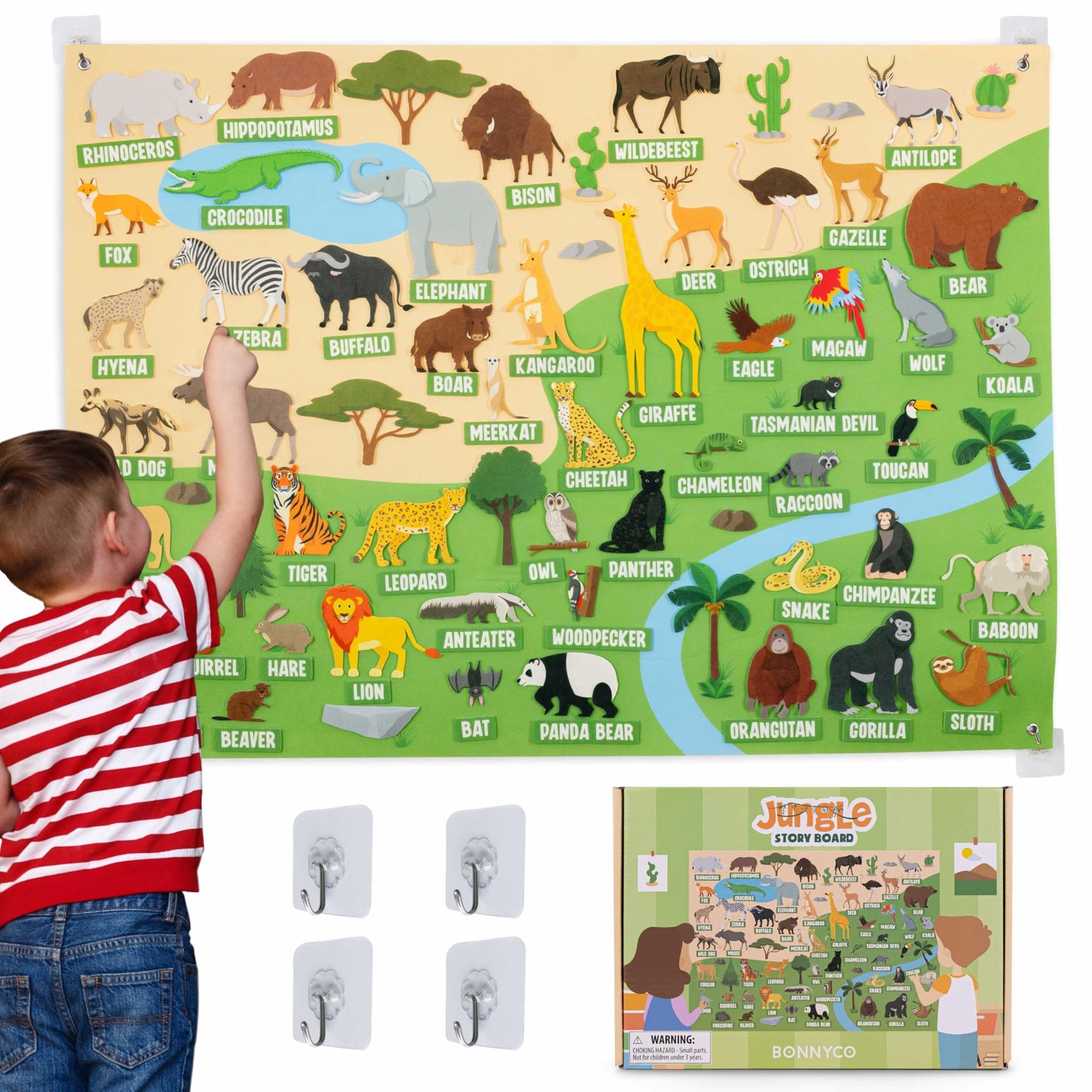 BONNYCO Felt Board for Toddlers with 116 Jungle Animals Figures. Montessori and Sensory Toys, Birthday Gifts for Kids 3-8 Years Old. Educational Games Learning Activities Christmas