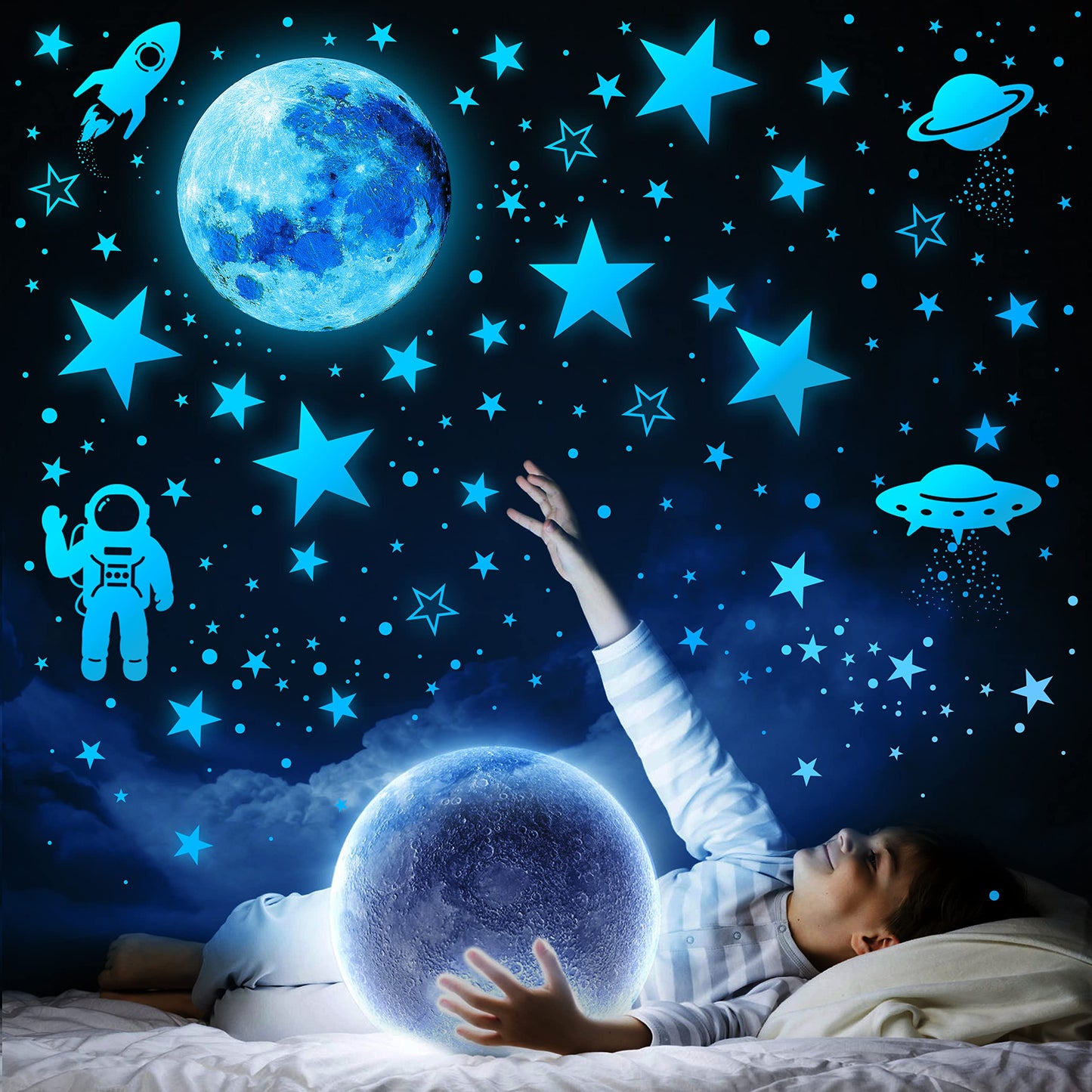1078 PCS Glow in The Dark Stars For Ceiling Solar System Galaxy Nursery Wall Stickers Rocket Astronaut Kids Boys Room Decorations Bedroom