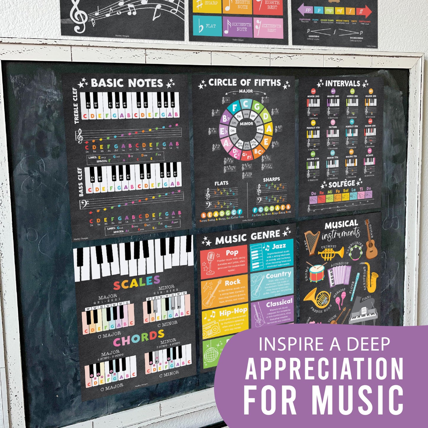 Hadley Designs Music Classroom Decor –9 Music Classroom Posters Elementary, Choir & Solfege Posters, Solfege Hand Signs & Musical Instruments Bulletin Board Decorations, Chalkboard Teacher Must Haves