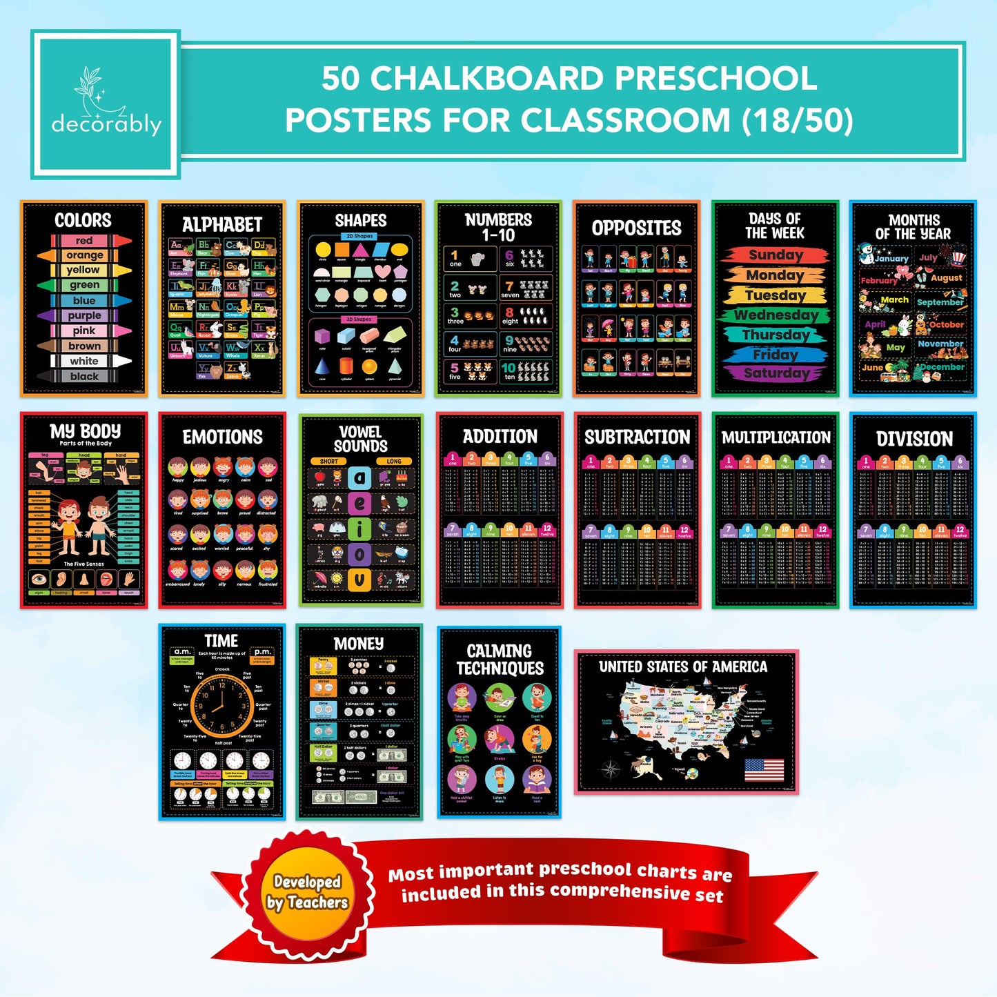 Decorably 50 Chalkboard Learning Posters for Kids Ages 5-7, Toddlers, Kindergarten, 11x17in Educational, Matte-Laminated Classroom Decor for School Hallways, Bulletin Boards, Home Study Room