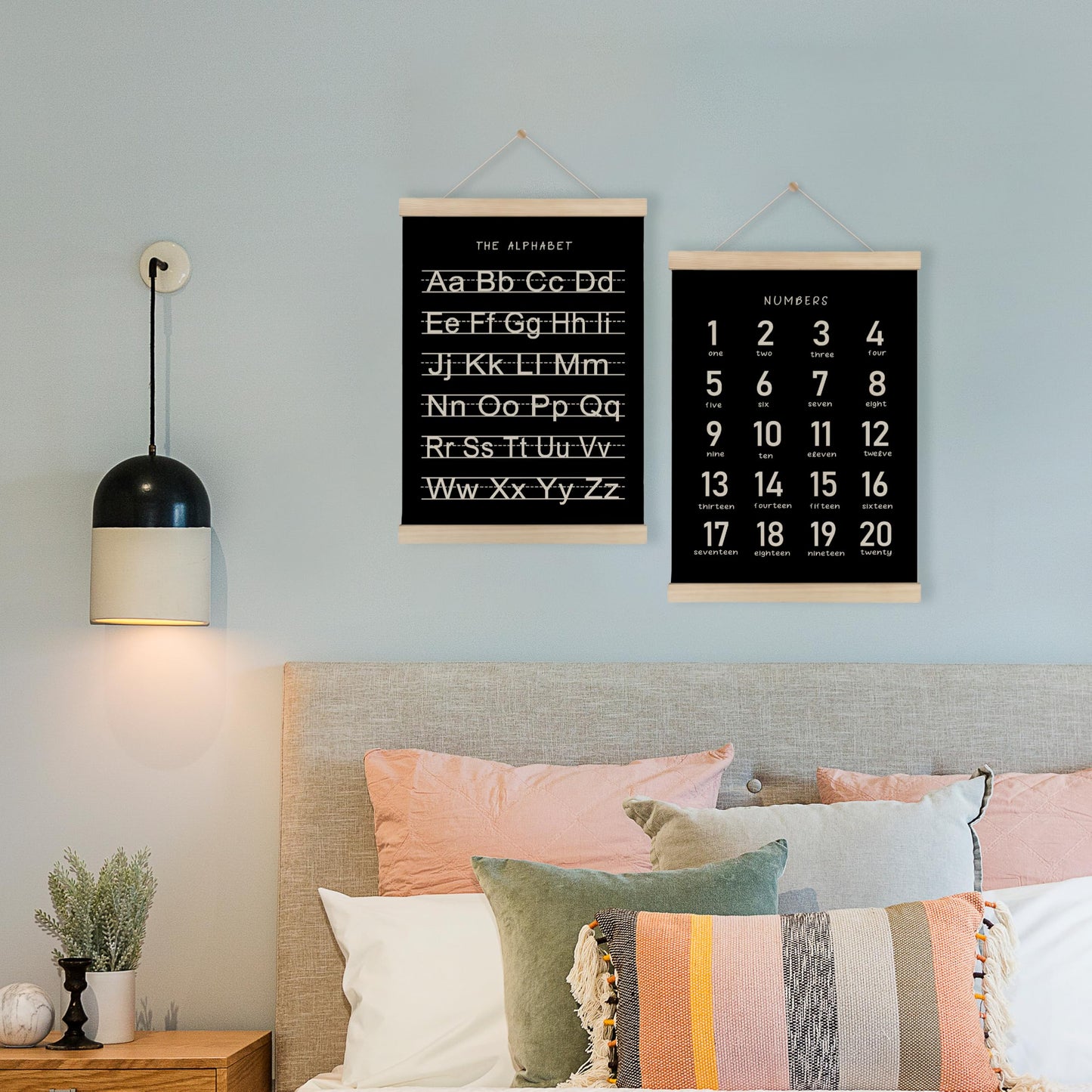 HRQKO Black Alphabet Numbers Poster Hanger Frame Set of 2, Nursery Wall Decor, ABC Poster Wall Art with Wooden Frames, Alphabet Banner Wall Hanging Decor for Playroom Boy Toddler Room, 12x16 Inch