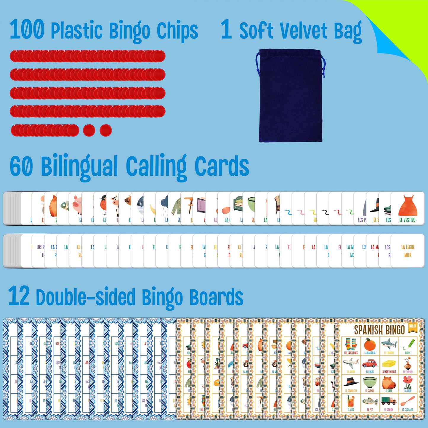 SpriteGru Spanish Bingo Game, 12 Vocabulary Bingo Board Game Bilingual Word Learning Educational Toys for Words Learning - Ages 5 and up (Up to 12 Players)