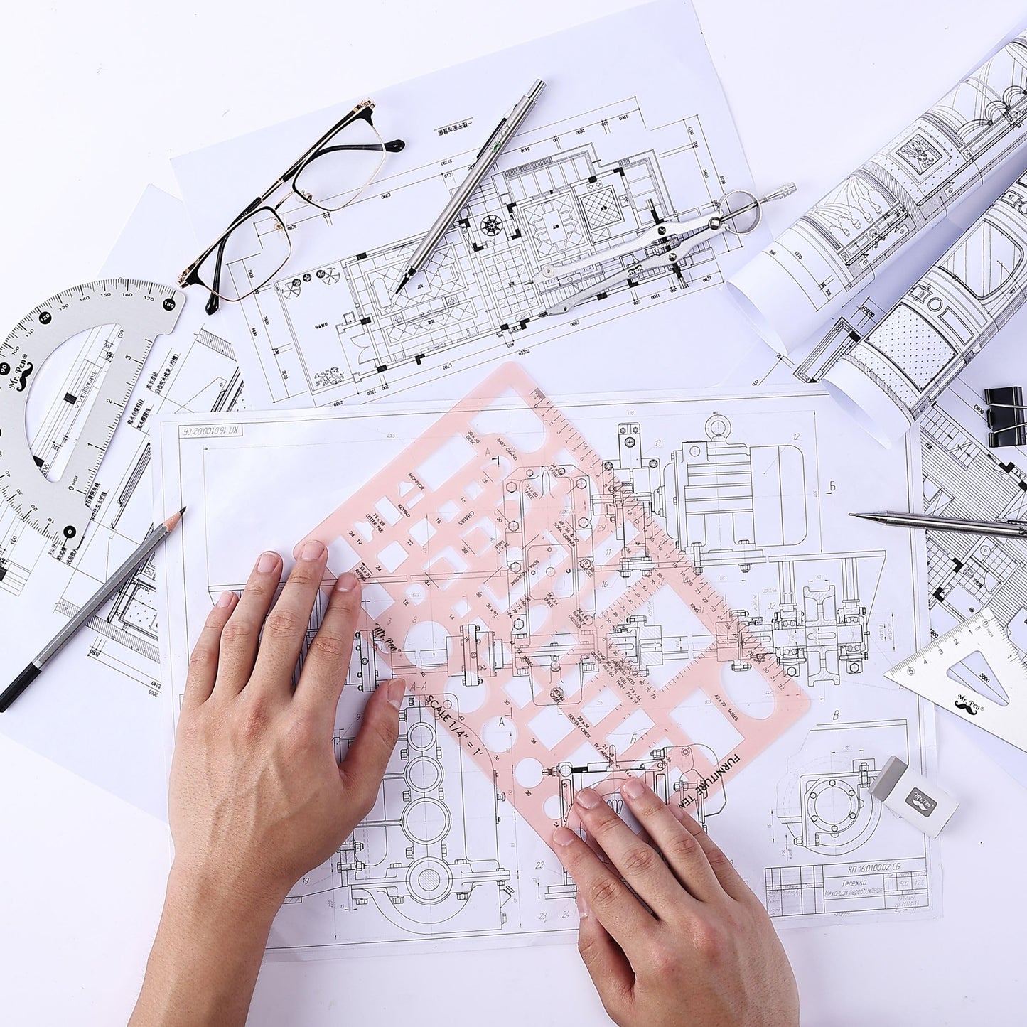 Mr. Pen- House Plan, 3 pcs, Interior Design and Furniture Templates, Clear Flexible Plastic, Drafting Tools, Ruler Shapes for Architecture, 1/4 Inch Scale, Kitchen, Bath, Bedroom, Office, Living Room