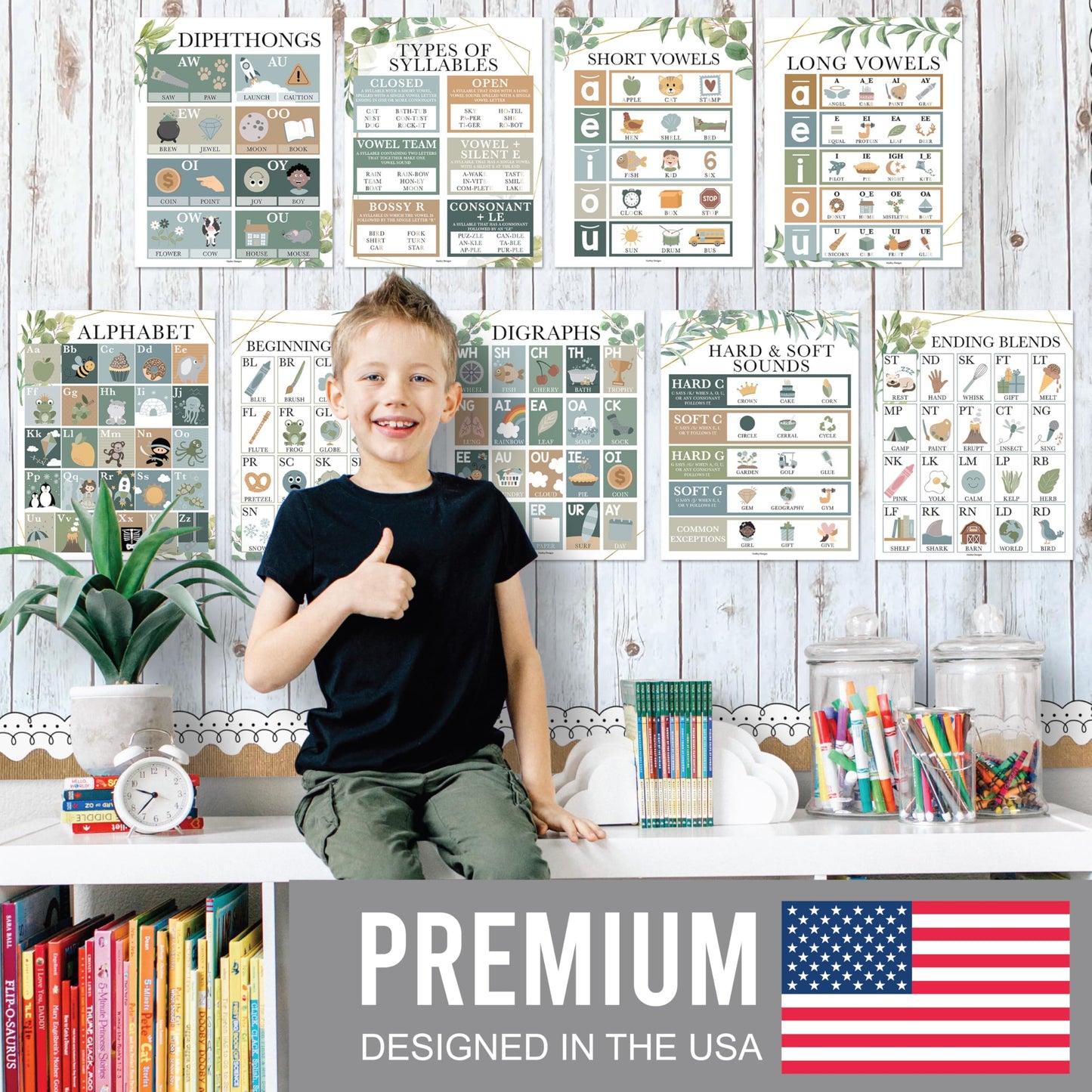 Hadley Designs Phonics Posters for Classroom Must Haves - 9 Sound Wall for Kindergarten & Elementary Teacher Supplies, Syllable, Vowels, Digraphs & Blends Bulletin Board Set, Greenery Classrom Decor