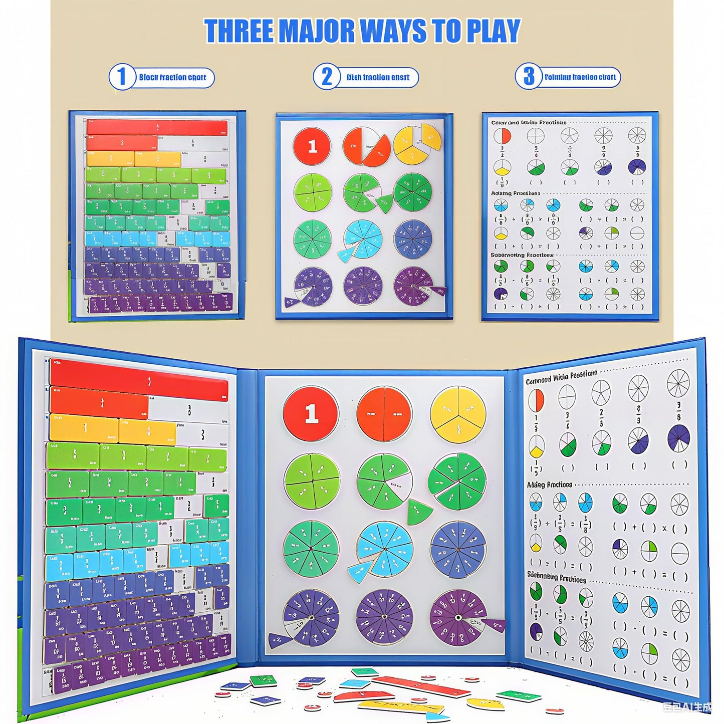 BlivEclat STEM Magnetic Fraction Demonstration Book for Kids with 152 Pcs Math Fraction Magnets Tiles and Disc Set Educational Math Learning Manipulatives Set