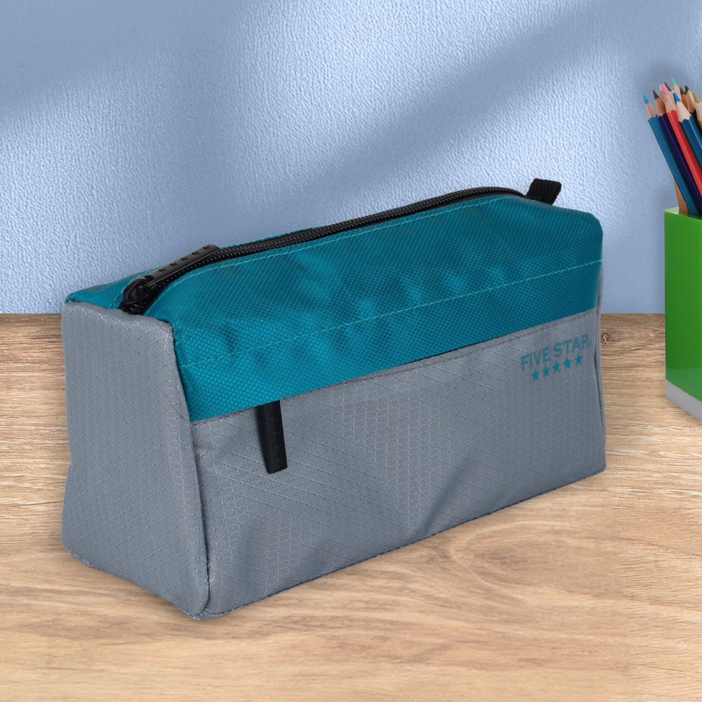 Five Star Pencil Pouch 9-Pocket Zipper Storage Organizer Case for Office Supplies Earbuds Chargers Cables Makeup, Grey/Teal (505600D)