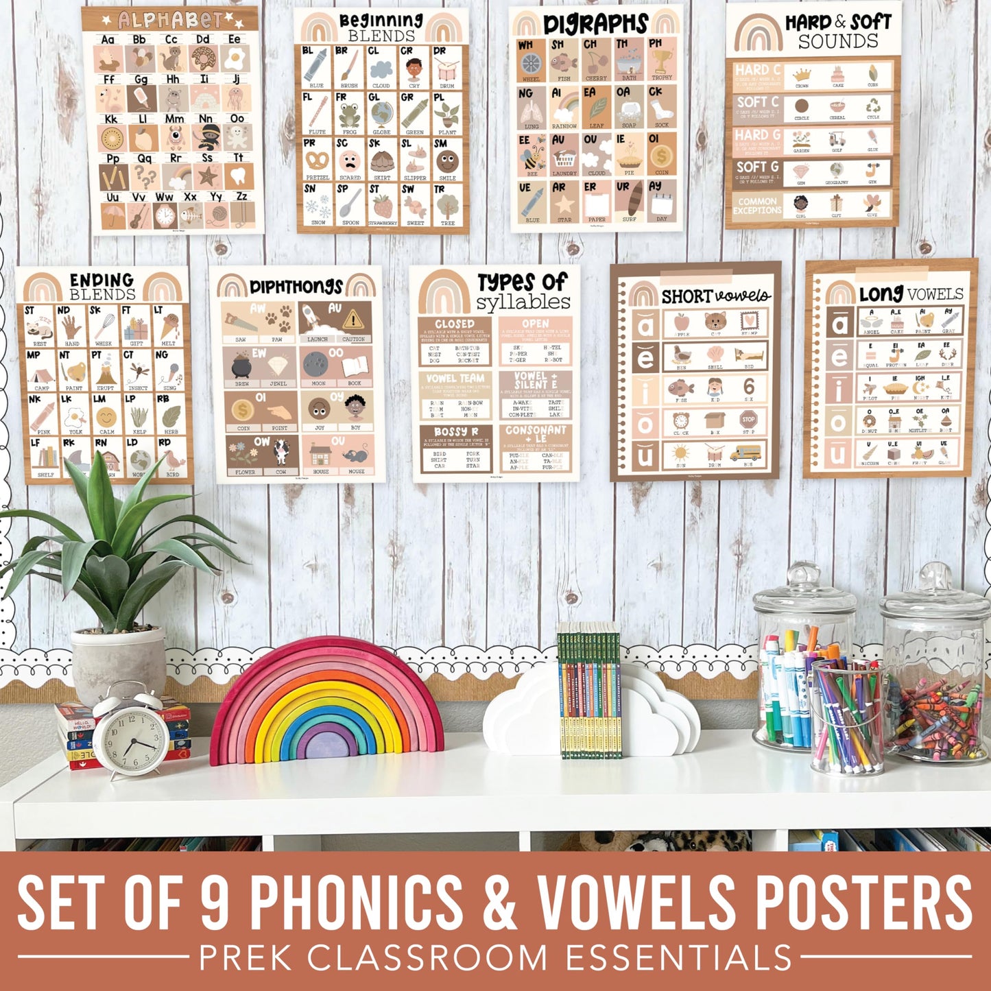 Hadley Designs Phonics Posters for Classroom Must Haves - 9 Sound Wall for Kindergarten & Elementary Teacher Supplies, Syllable, Vowels, Digraphs & Blends Bulletin Board Set, Boho Classrom Decor
