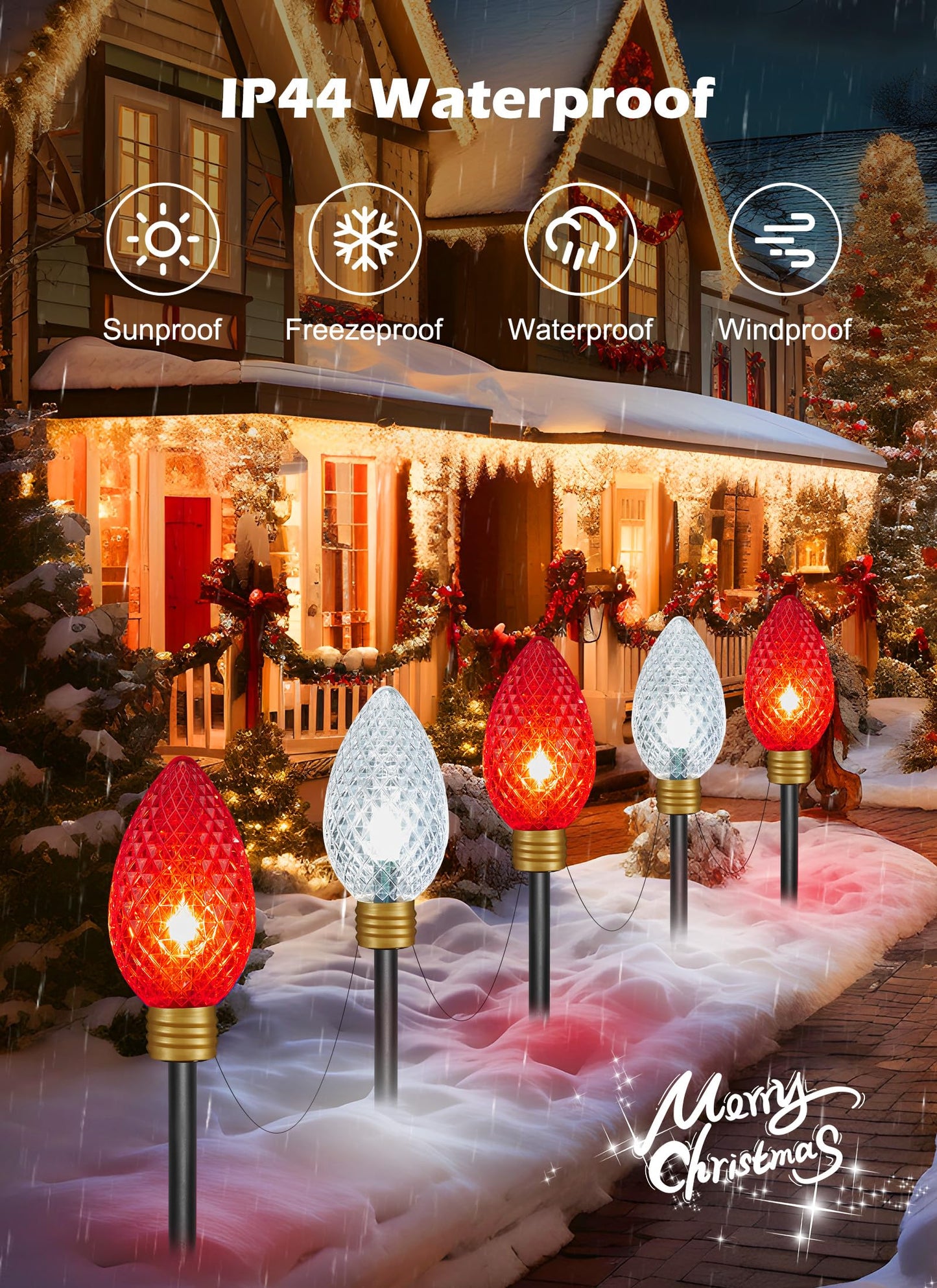 Minetom Christmas String Lights, 11ft Jumbo C9 Outdoor Decorations, 2 Pack, Red & Cool White, Waterproof, Model GY-C-50.6-U-B1