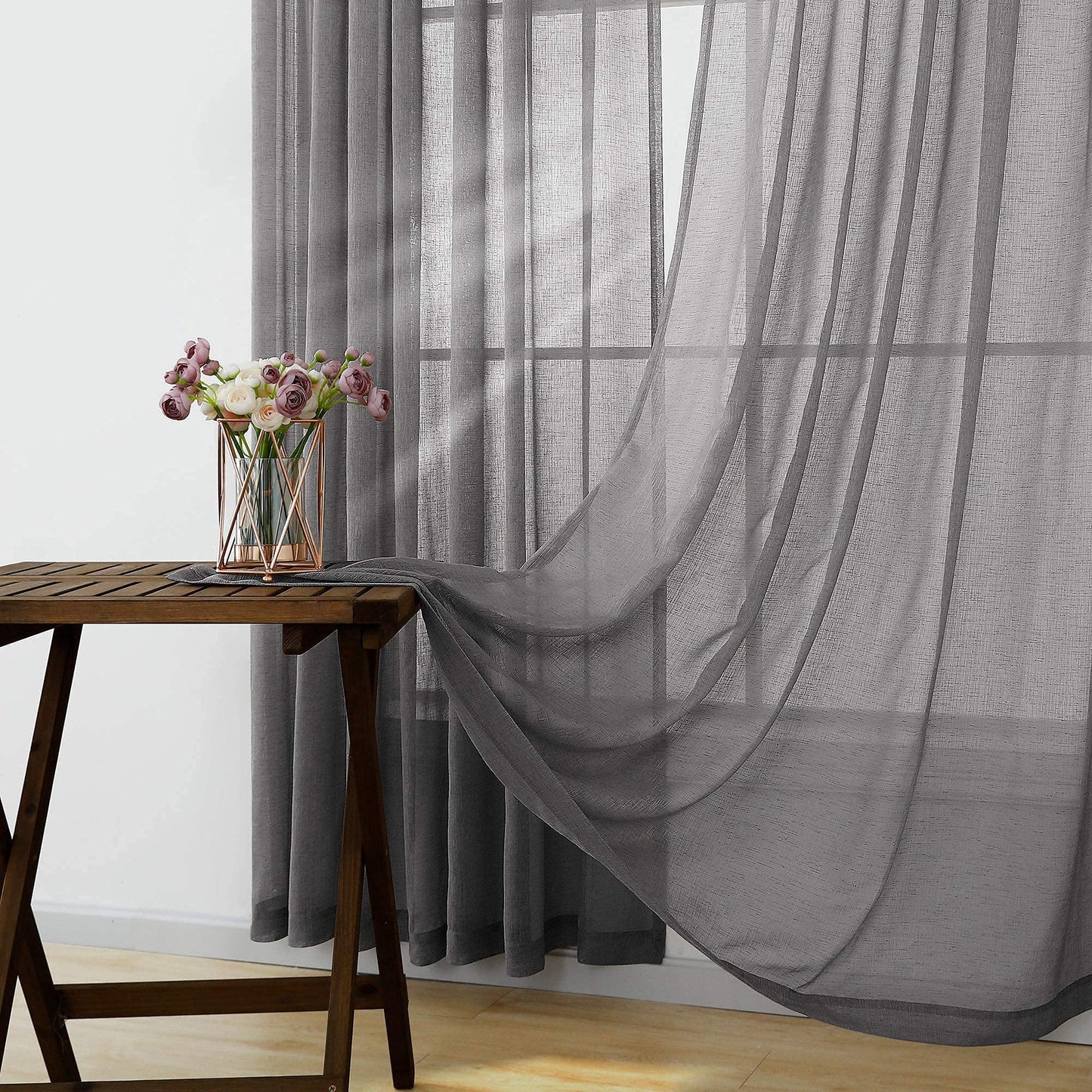 Charcoal Grey Linen Look Sheer Curtains 63 Inch Length for Kitchen 2 Pack Rod Pocket Breathable Airy Gray Curtains for Bathroom Window Laundry Canopy Sitting Room Reading 52x63 Inches Long Dark Grey