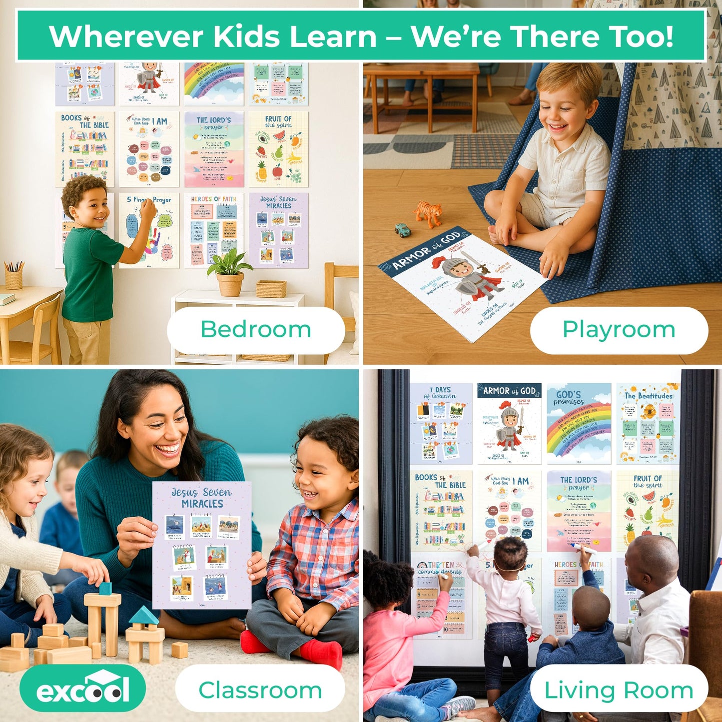 Excool Club Sunday School Decorations For Classroom - 12 Book Of The Bible Posters For Kids, Ten Commandments Fruit Of The Spirit Wall Art, Bible Study Supplies For Christian Classroom Decor (11"x14")