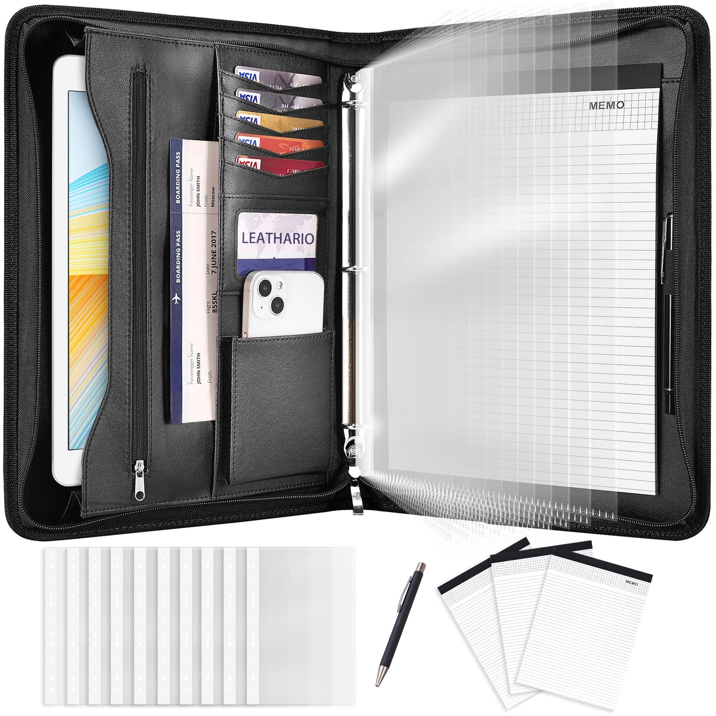 Leathario Portfolio Binder, Includes 10 Sheet Protectors and 3 Notepads, 3-Ring Folder Organizer, A4 Padfolio with Zipper, Vegan Leather Tablet Sleeve, Business Office Conference Clipboards