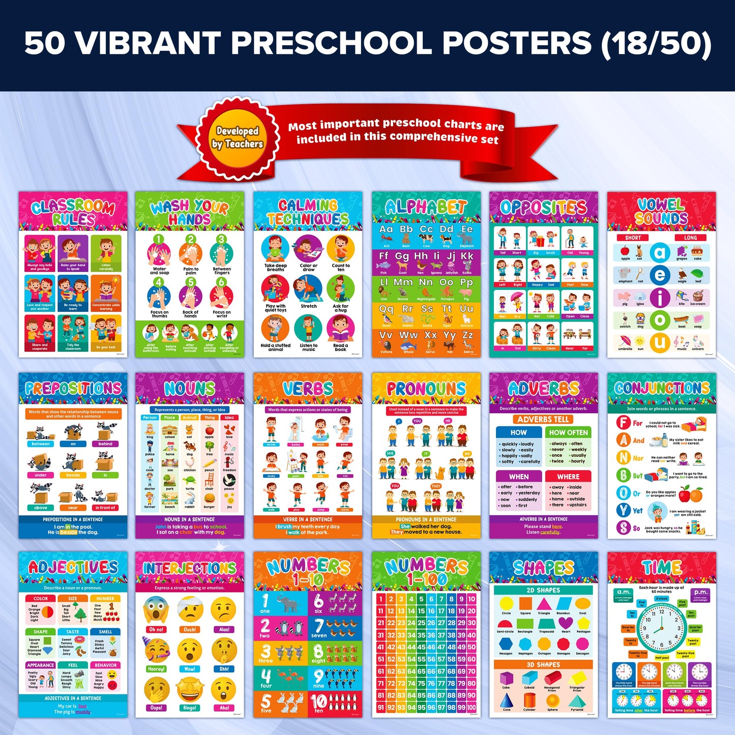 Decorably 50 Pack Vibrant Kindergarten Preschool Learning Posters for Toddlers 1-3, 11x17in Educational & Comprehensive Set, Matte-Laminated Classroom Decor for School Hallways, Bulletin Boards, Home Study Room