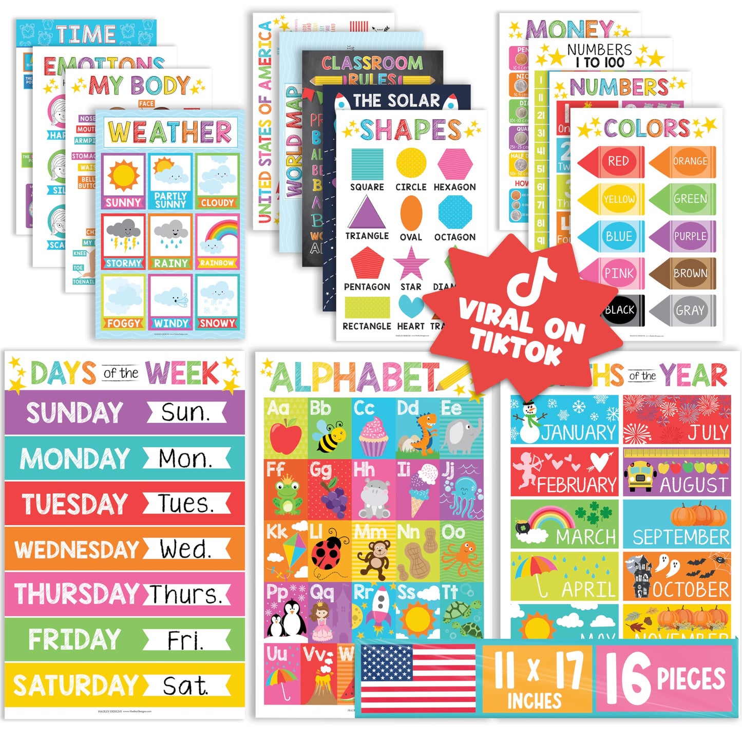 Hadley Designs 16 Educational Posters for Classroom Must Haves - Laminated Pre-K Posters for Toddler Homeschool Essentials, Toddler & Preschool Learning Activities, Kindergarten Classroom Decor