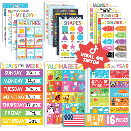 Hadley Designs 16 Educational Posters for Classroom Must Haves - Laminated Pre-K Posters for Toddler Homeschool Essentials, Toddler & Preschool Learning Activities, Kindergarten Classroom Decor