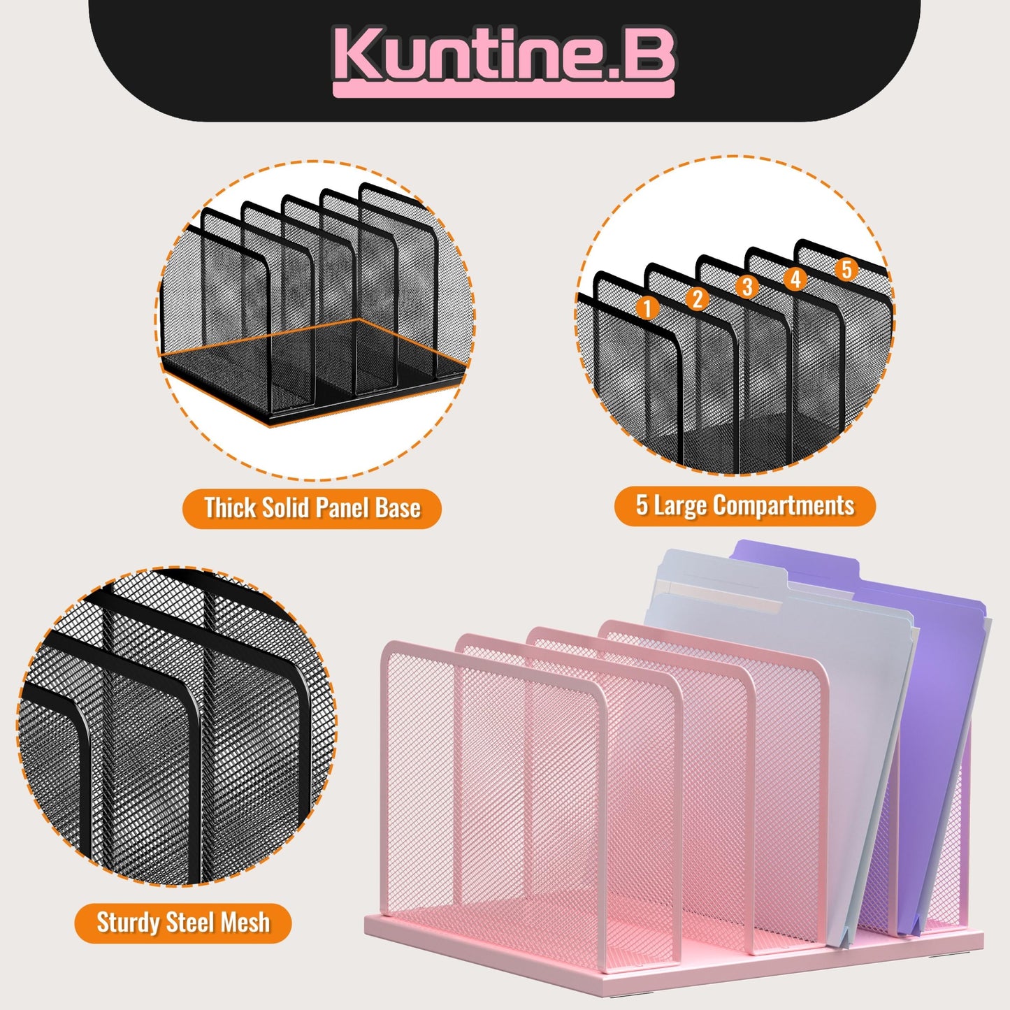 Kuntine.B Desk File Organizer Upright Mesh Desktop Organizer File Sorter Office Organization File Holder for Home, Office & Classroom (Pink, 1 Pack 5-Section)