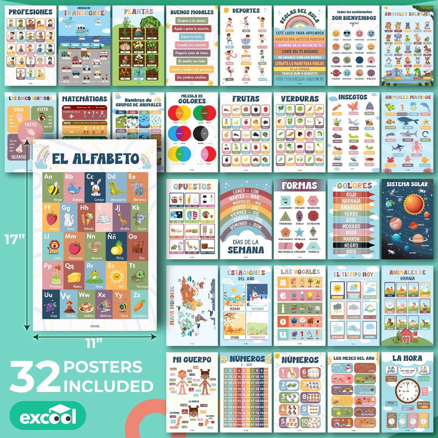 EXCOOL CLUB 32 Spanish Classroom Posters For Elementary - Colorful Bilingual Educational Posters For Toddlers 1-3, Laminated Learning Poster Preschool Must Haves, Abecedario Para Niños En Español