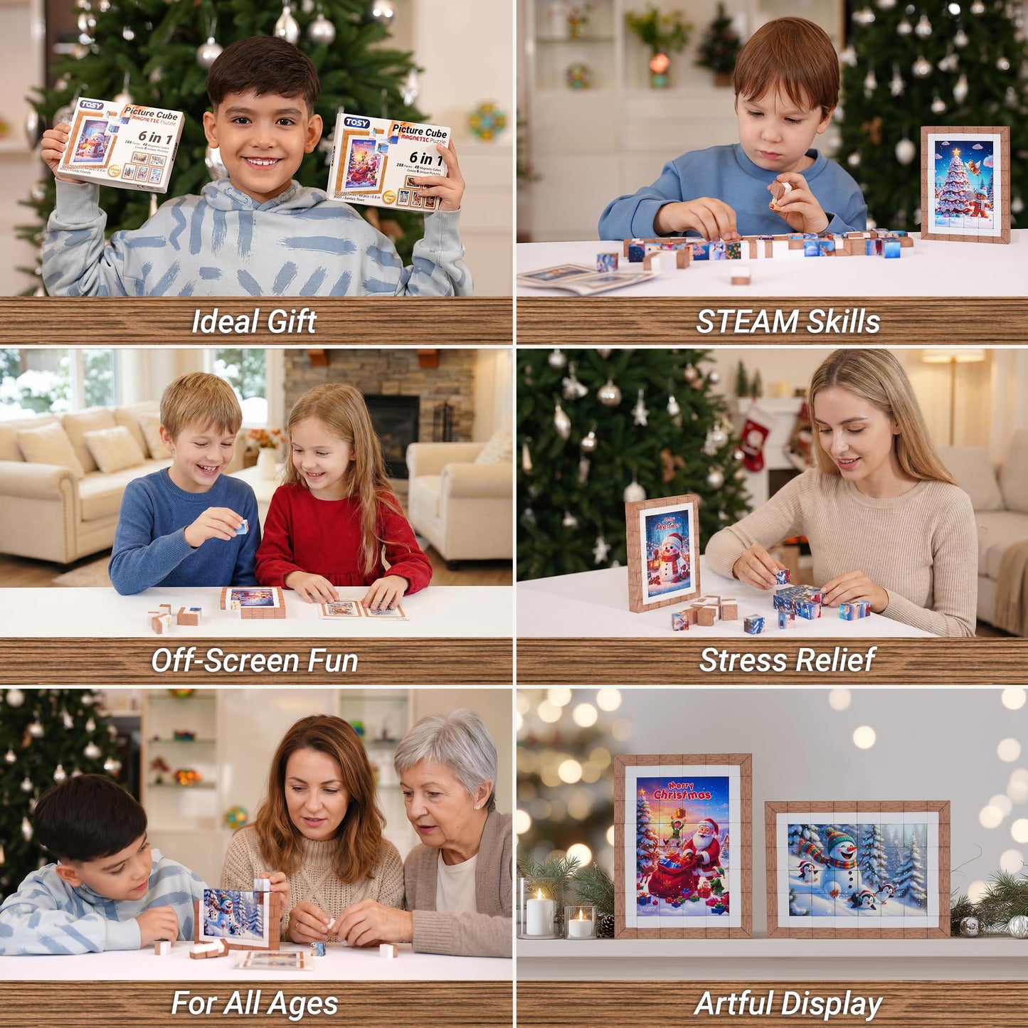 TOSY Picture Cube Santa’s Town: 6in1 Magnetic Picture Puzzle, 48 Blocks, 288 Faces/Magnets, 0.8 in, B001, Seamless UV Art, Display-Ready Frame, Collectible, STEM Gift for Kids & Adults, 2-Pack