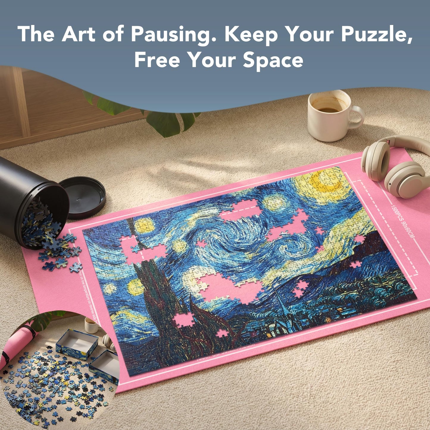 GOECI Portable Jigsaw Puzzle Roll Up Mat Kit - Holds Up to 1500 Pieces, Includes 8 Sorting Trays, Storage Bag & Box for Easy Transport and Crease-Free Storage Pink