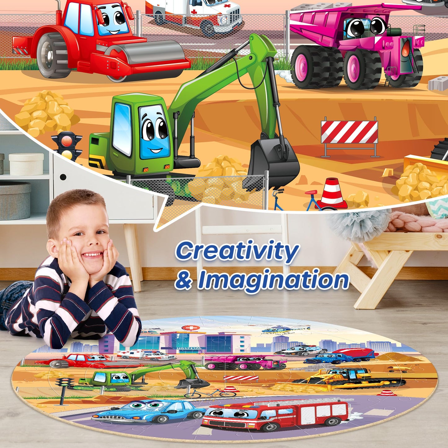 SYNARRY Vehicle Floor Puzzle for Kids Ages 3-5, Large 70 Piece Puzzle for Kids Ages 4-6, Preschool Toys Gifts for 3 4 5 6 7 8 Years Old Boys Girls Children, Easter Basket Stuffers for Boys Girls