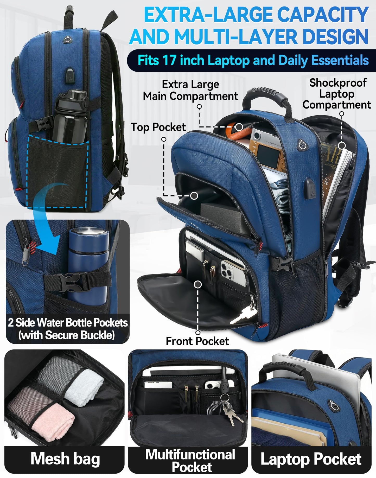 ProEtrade Travel Backpack, Extra Large Laptop Backpack Business Anti Theft TSA Approved College Work Computer Bag Fits 17 Inch Laptop with USB Charging Port for Women Men(Blue)