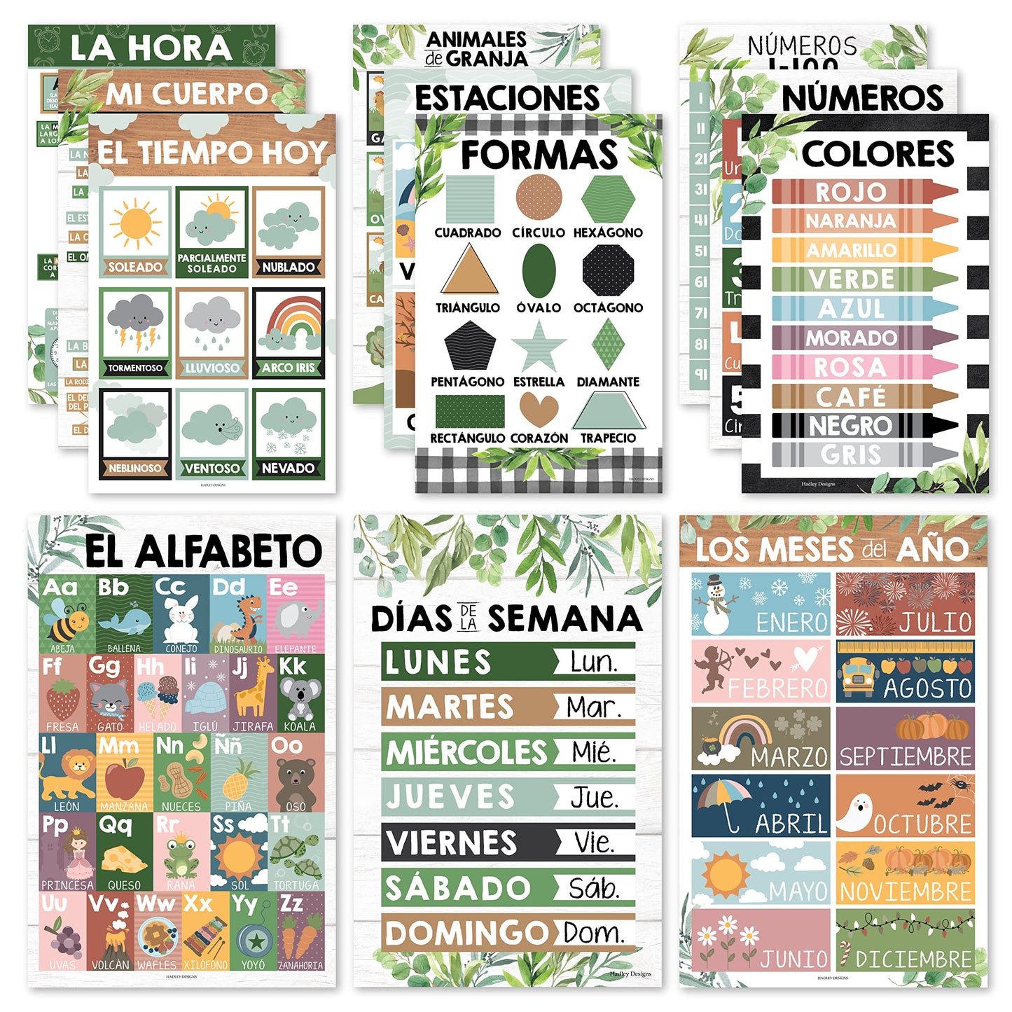 Hadley Designs Spanish Posters for Classroom - 12 Bilingual Educational Posters for Spanish Classroom Decorations Must Haves, Calendario y Alfabeto en Español Para la Pared, Farmhouse Teacher Supplies