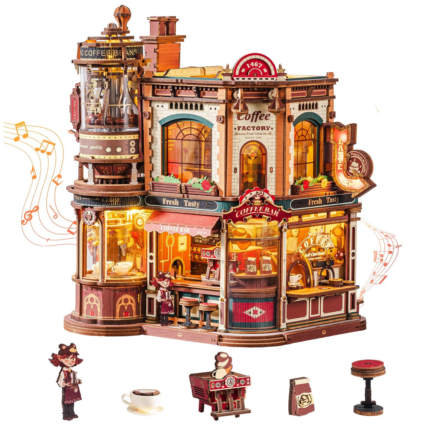 ROKR Dream Coffee Factory, Wooden Music Box Model, Mechanical 3D Wooden Puzzles for Adults, Building Kit with Moving LED Lights, Miniature House Kits, Desk Decor Gift