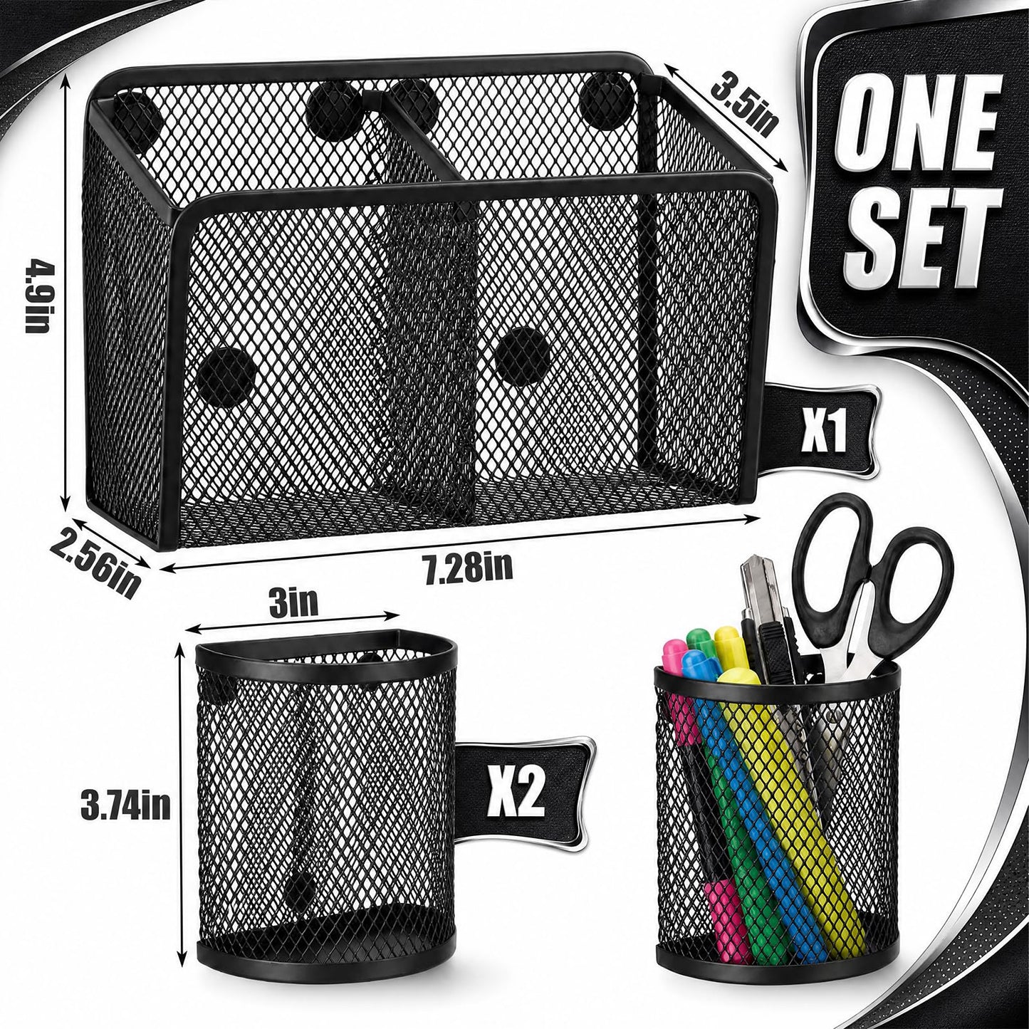 Marspark 3 Pcs Magnetic Pen Holder Set Metal Pencil Holder with Strong Magnets Wire Mesh Storage Basket Organizer for Locker Accessories Whiteboard Refrigerator School Office Dorm (Black)