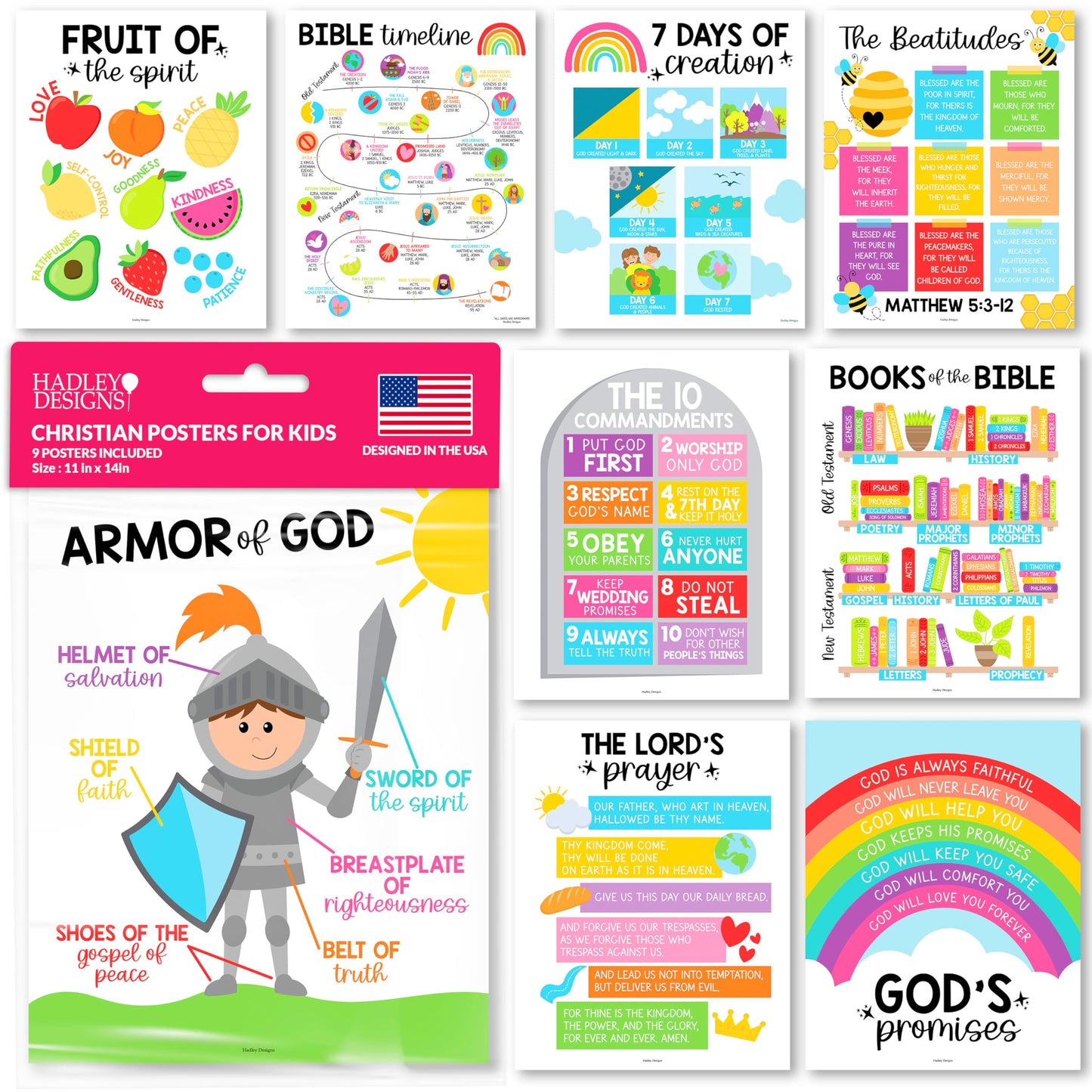 Hadley Designs Sunday School Decorations for Classroom –9 Bible Posters for Kids, Books of the Bible, 10 Commandments, Bible Timeline Chart, Fruits of the Spirit, Rainbow Christian Classroom Decor