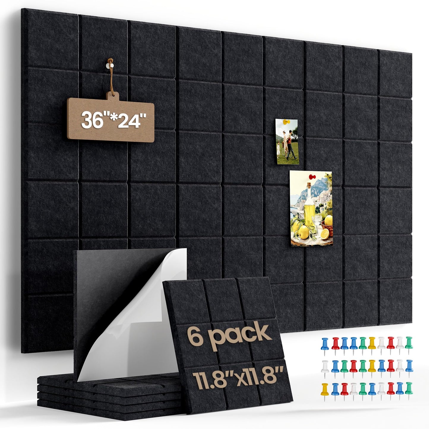 36" x 24" Large Black Cork Board Alternative - 6 Pack Felt Bulletin Board with 30 Push Pins, Felt Wall Tiles Pin Board for Walls Office Home School Decor, Aesthetic Cork Squares, Black